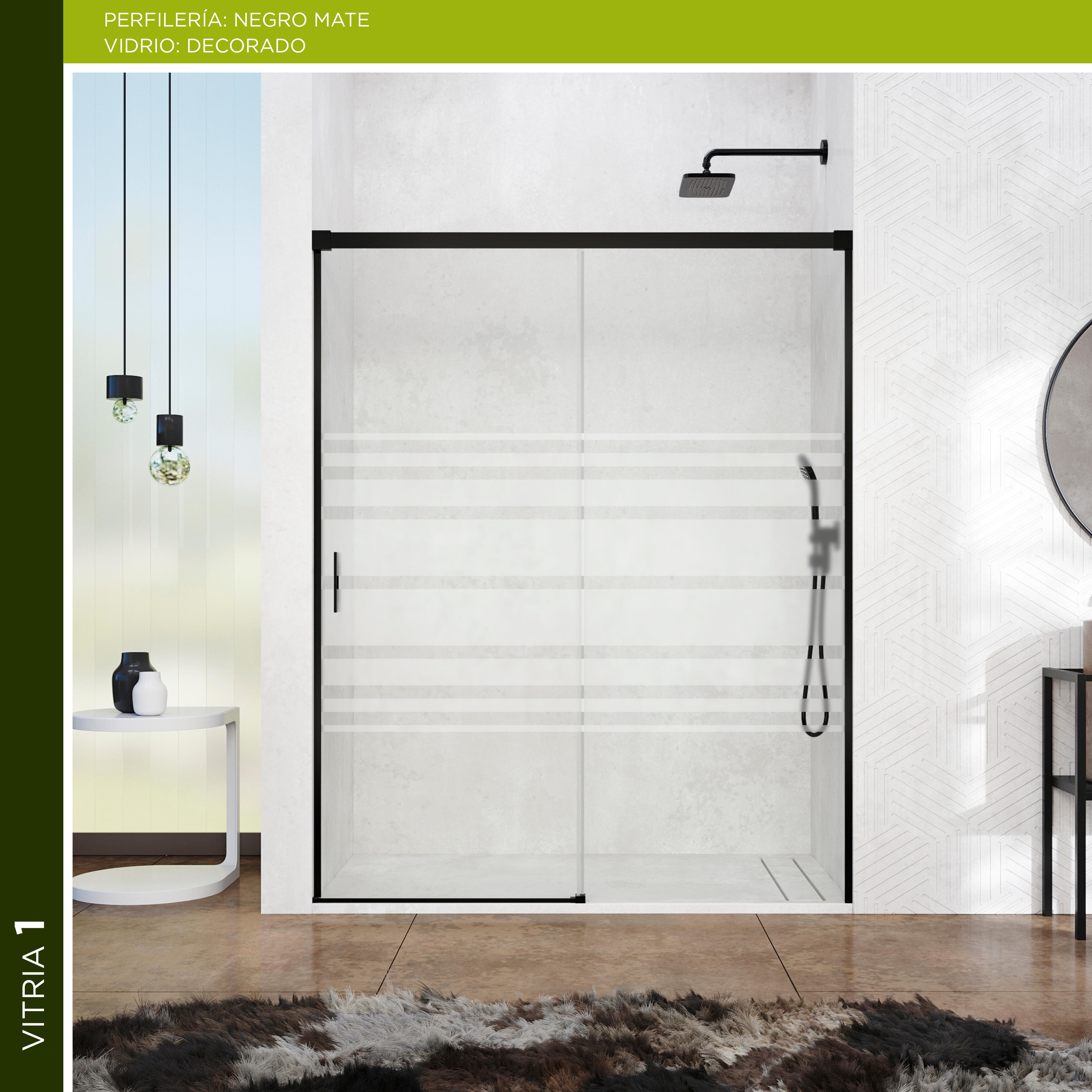 Mampara de ducha frontal 1 fijo + 1 puerta corredera serigrafiada Vitria perfil aluminio negro (150-155)x199.2 cm cierre de sobreponer marca Glassinox - 8