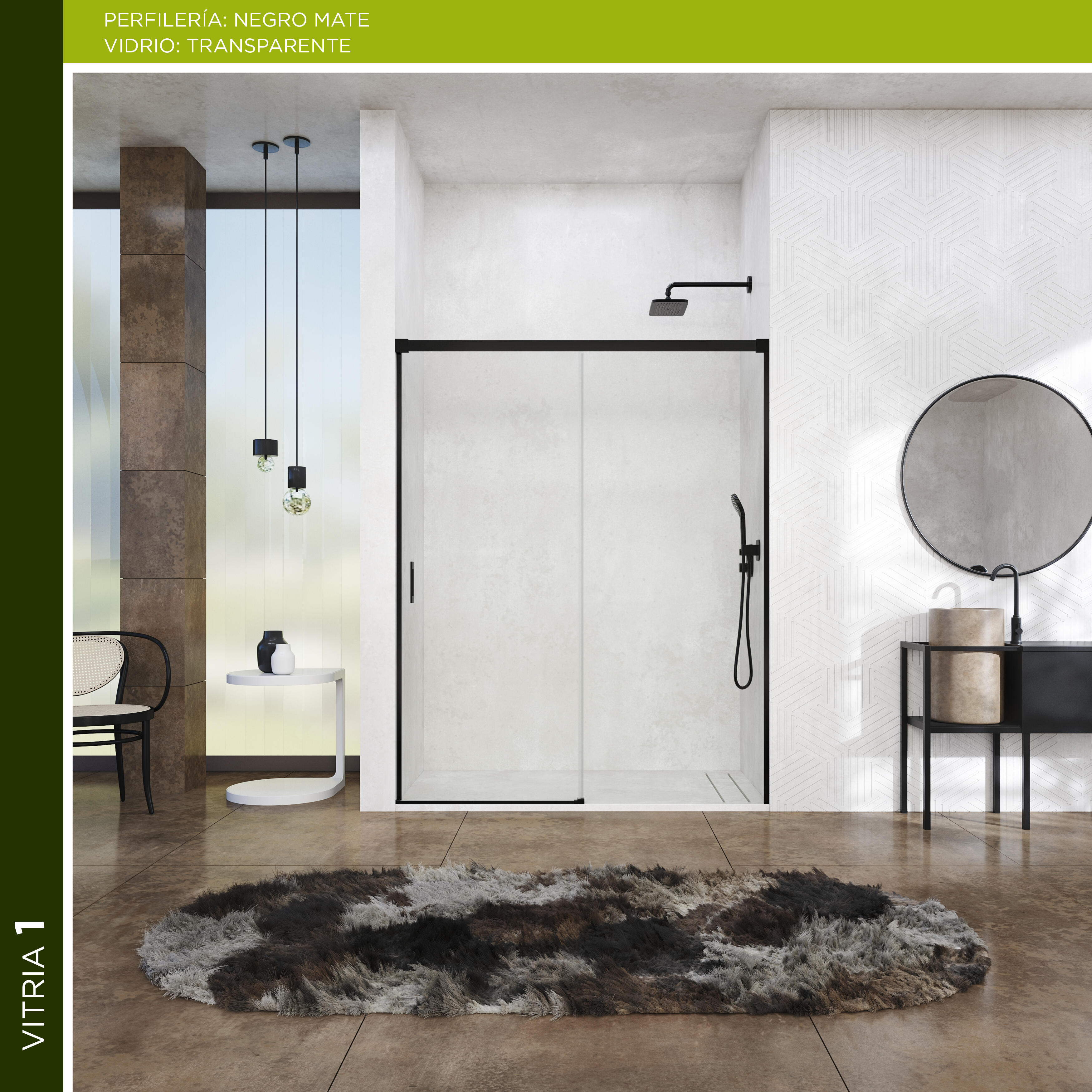 Mampara de ducha frontal 1 fijo + 1 puerta corredera transparente vitria perfil aluminio negro (150-155)x199.2 cm cierre de sobreponer marca glassinox