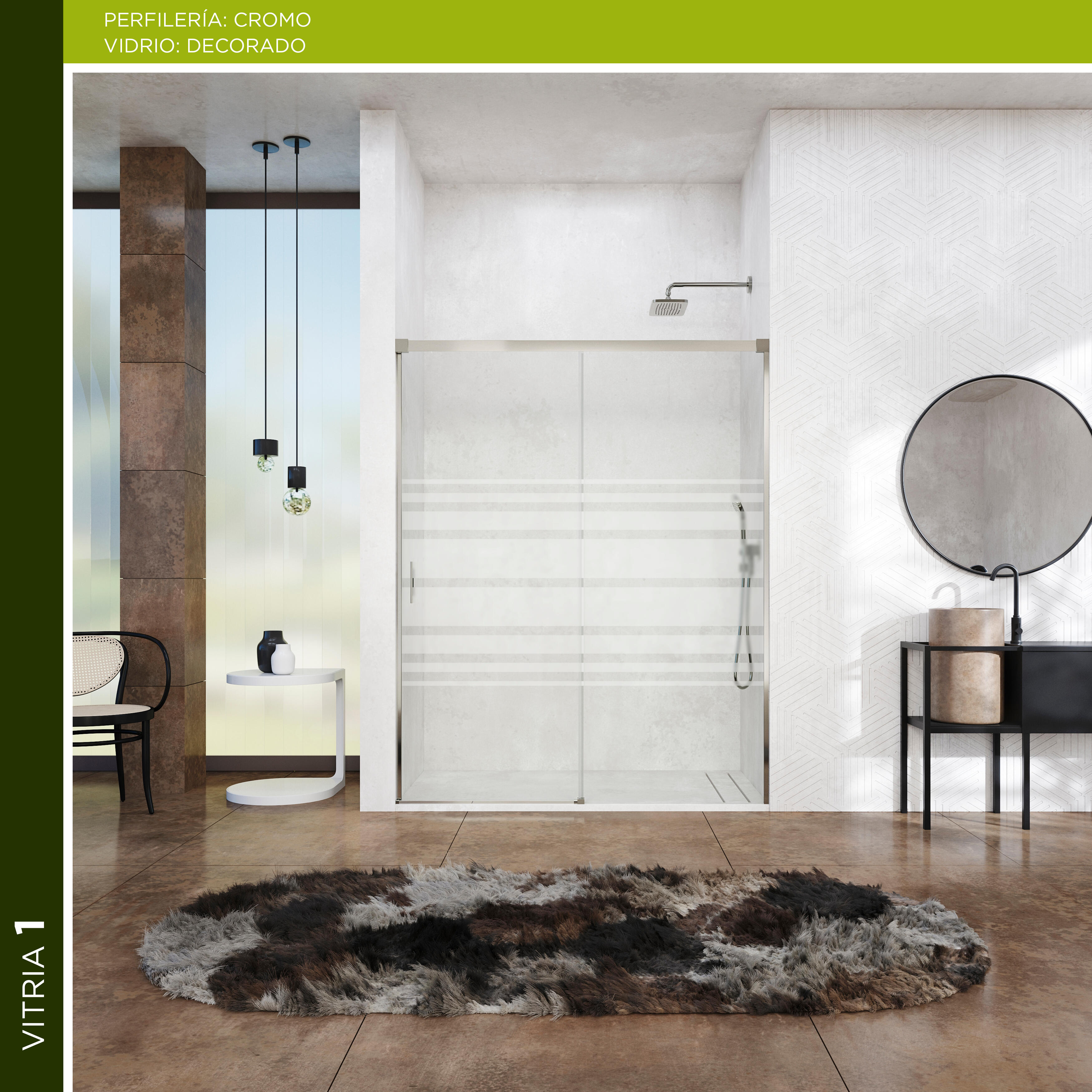 Mampara de ducha frontal 1 fijo + 1 puerta corredera serigrafiada vitria perfil aluminio cromo (150-155)x199.2 cm cierre de sobreponer marca glassinox