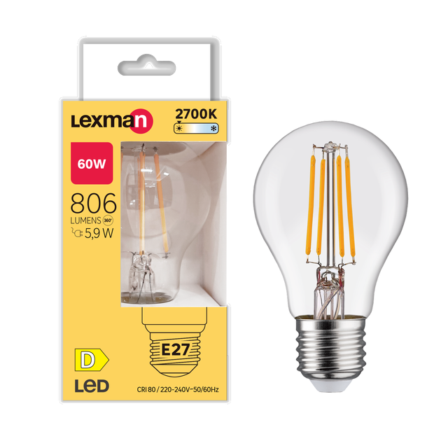 Bombilla LED filamento E27 806 lúmenes 5.9W color de la luz blanco cálido 2700K CRI 89-80 luz natural y fiel clase energética D