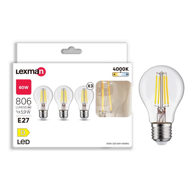 Pack 3 Lâmpadas led filamentos standard 806lm 4000k Lexman