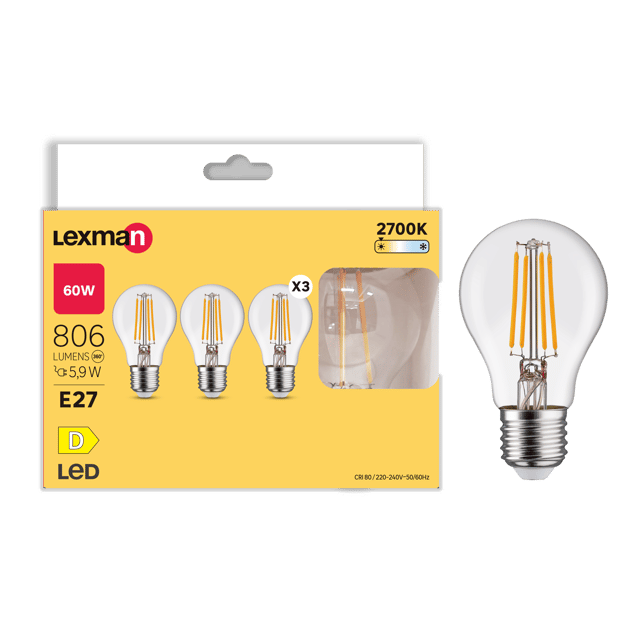 Pack de 3 Lâmpadas led filamento A60 E27 806lm 2700k