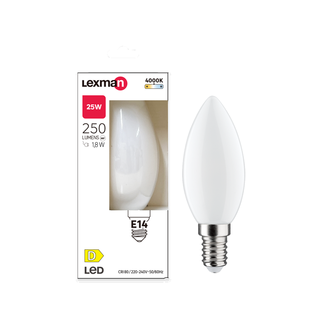 Żarówka LED E14 w kształcie świecy 4000K neutralna biel 250 lumenów 1,8W LEXMAN