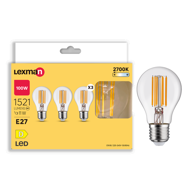Set da 3 lampadine LED filamento, E27 goccia, trasparente, luce calda, 11W= 1521 LM (equiv 100 W), 330°, LEXMAN