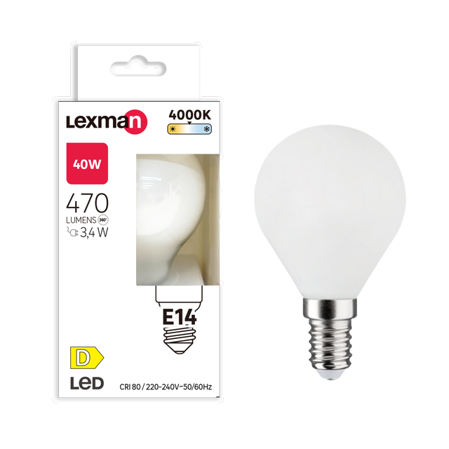 Bombilla LED filamento E14 470 lúmenes 3.4W color de la luz blanco neutro 4000K CRI 89-80 luz natural y fiel clase energética D