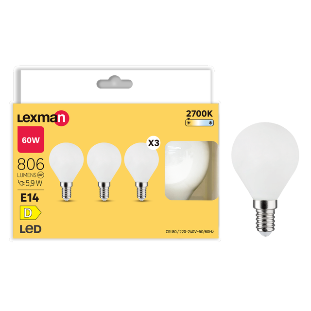 Pack de 3 bombillas LED filamento E14 806 lúmenes 5.9W color de la luz blanco cálido 2700K CRI 89-80 luz natural y fiel clase energética D