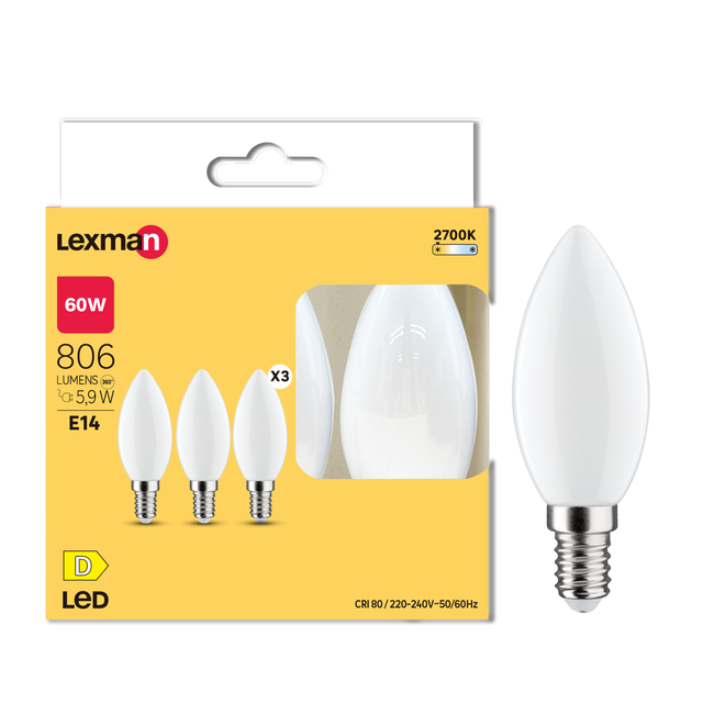 Set da 3 lampadine LED filamento, E14 oliva, smerigliato, 5.9W= 806 LM (equiv 60 W), 330°, LEXMAN