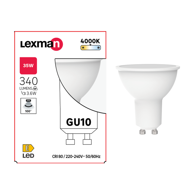 Lampadina LED, GU10 faretto, opaco, luce naturale, 3.6W = 340 LM (equiv 39 W), 100° LEXMAN