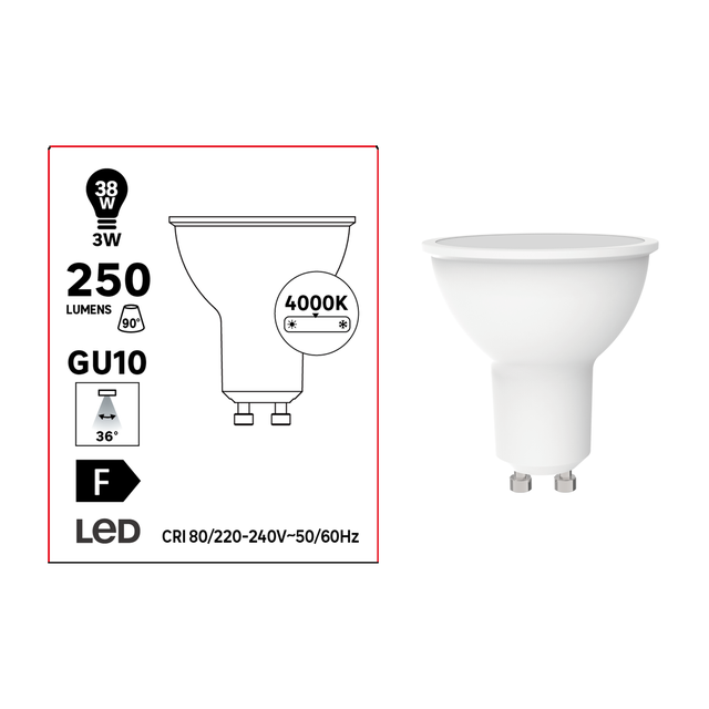Lampadina LED, GU10 faretto, trasparente, luce naturale, 3W = 250 LM (equiv 38 W), 36°