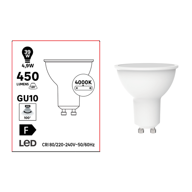 Lampadina LED, GU10 faretto, trasparente, luce naturale, 4.9W = 450 LM (equiv 39 W), 100° LEXMAN