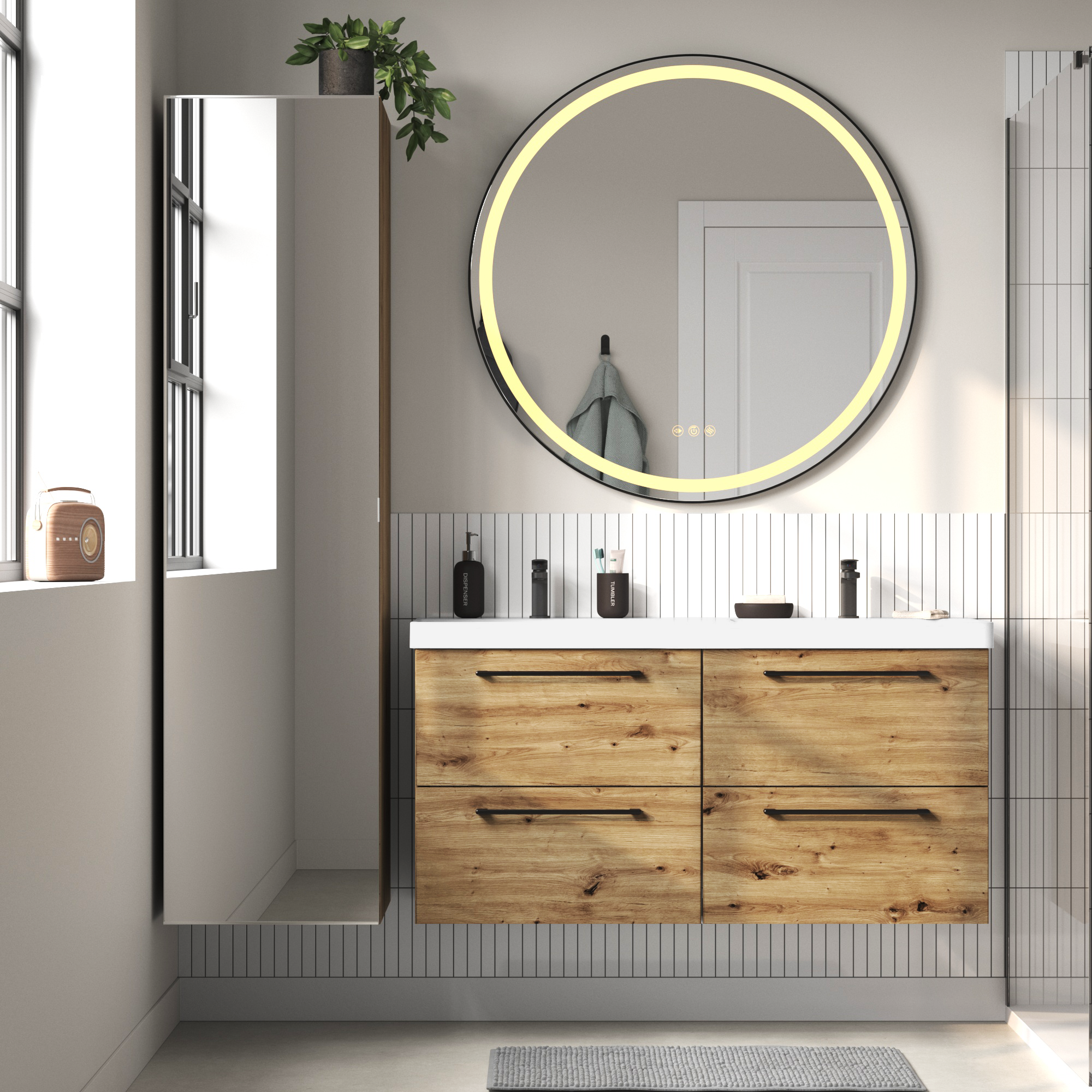 Meuble double vasque l.120 x H.58 x P.46 cm, effet chêne miel, Remix - 2