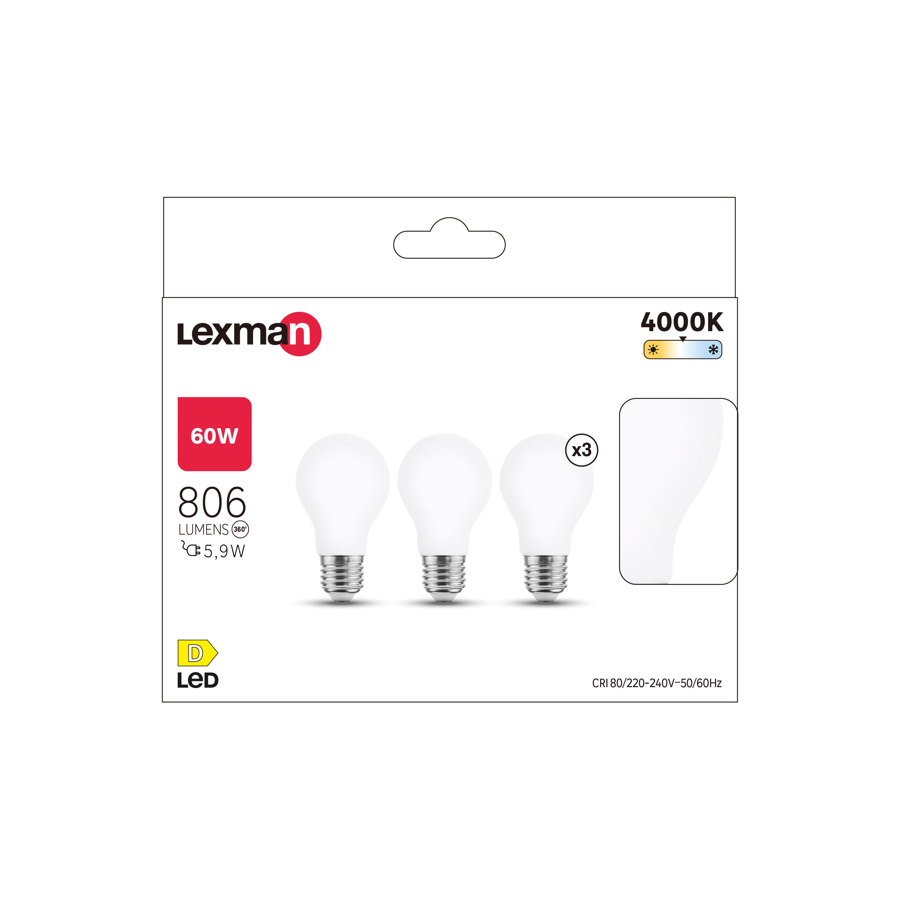 Zestaw 3 żarówek neutralna biała mrożona 4000K 806 lm 5.9W LEXMAN - 3
