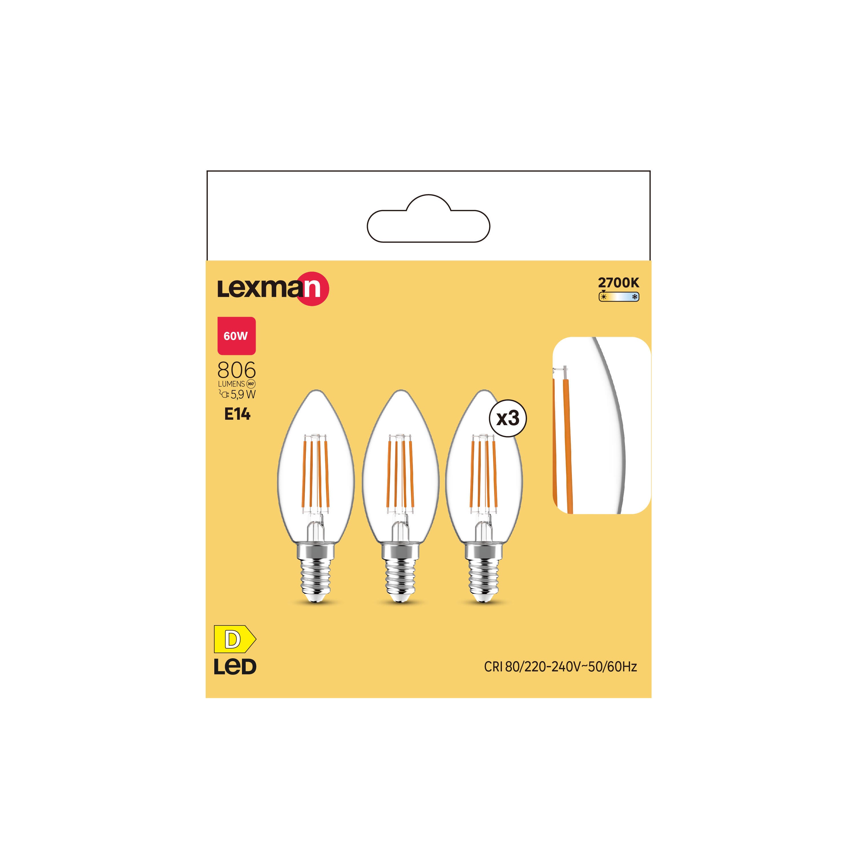 Pack de 3 lâmpadas E14 vela clear 806lm 2700k - 4