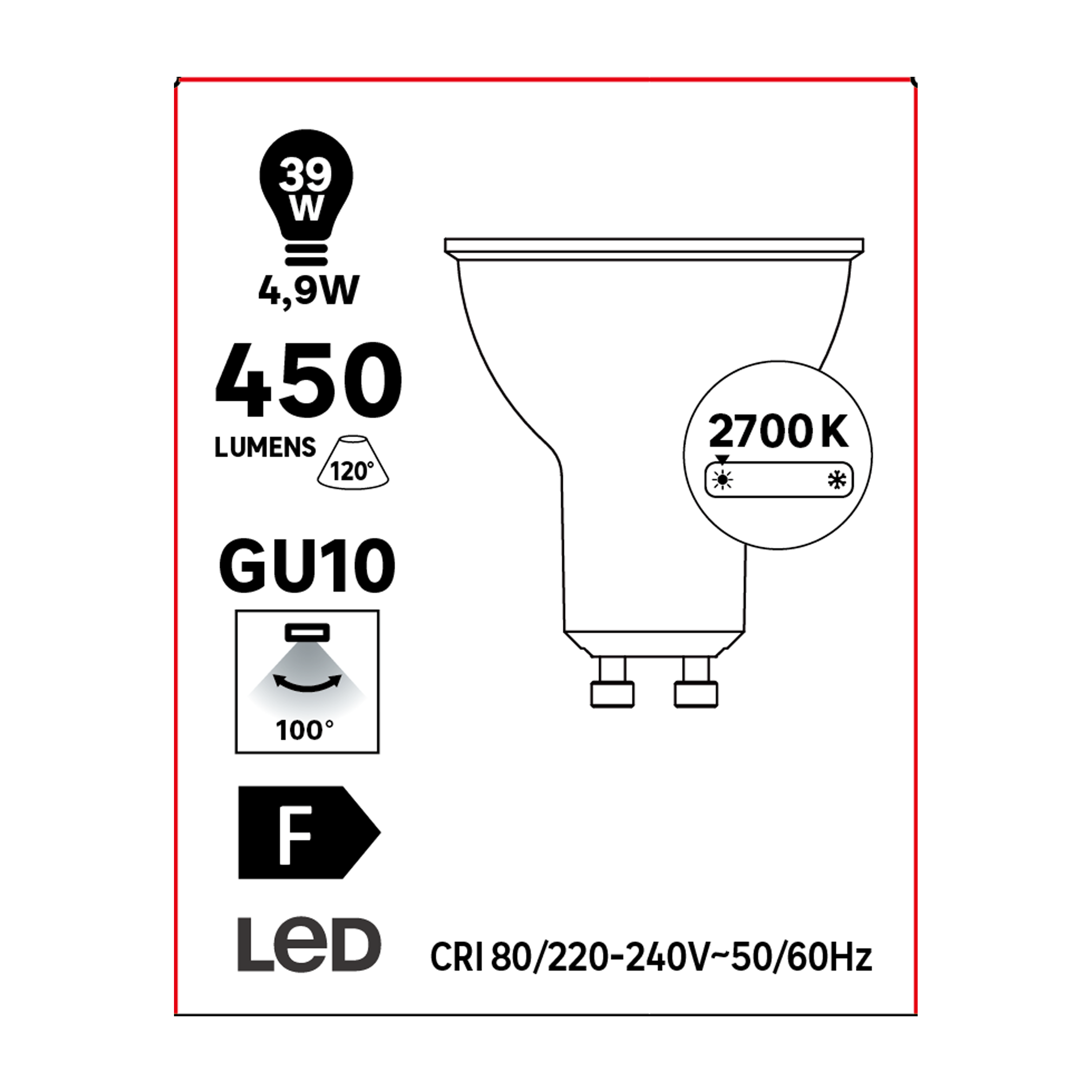 Ampoule led, réflecteur GU10, 450lm = 39W, blanc chaud - 5
