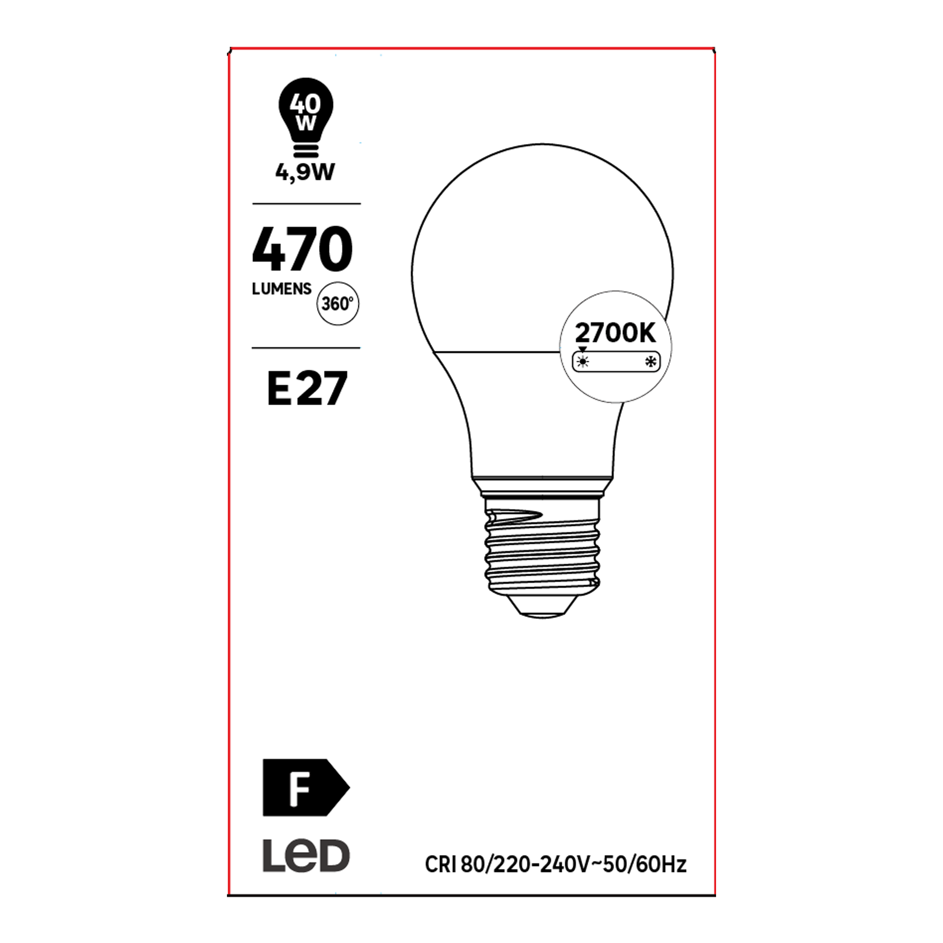 Lampadina LED, E27 goccia, smerigliato, luce calda, 4.9W = 470 LM (equiv 40 W), 240° - 5