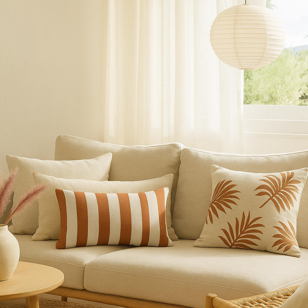 Cojín decorativo rectangular Tablas rayas algodón naranja y beige doble cara 30x50cm - 3