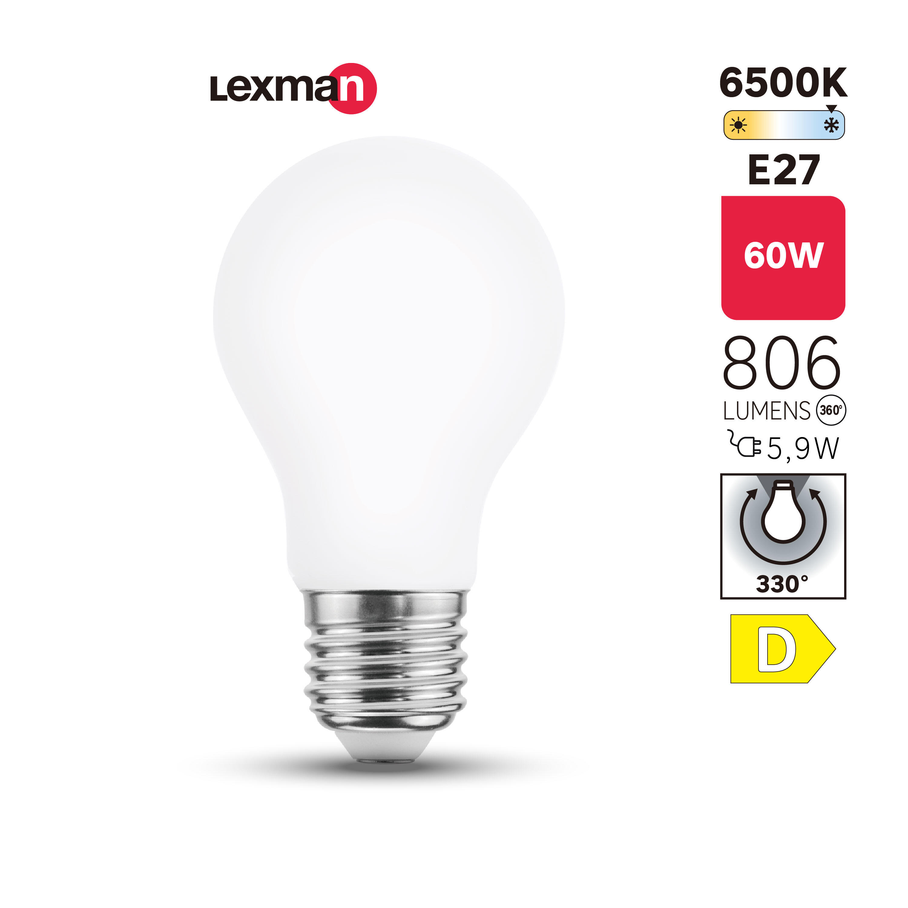 Żarówka E27 chłodna biała barwa 6500K 806 lm 5.9W LEXMAN - 2