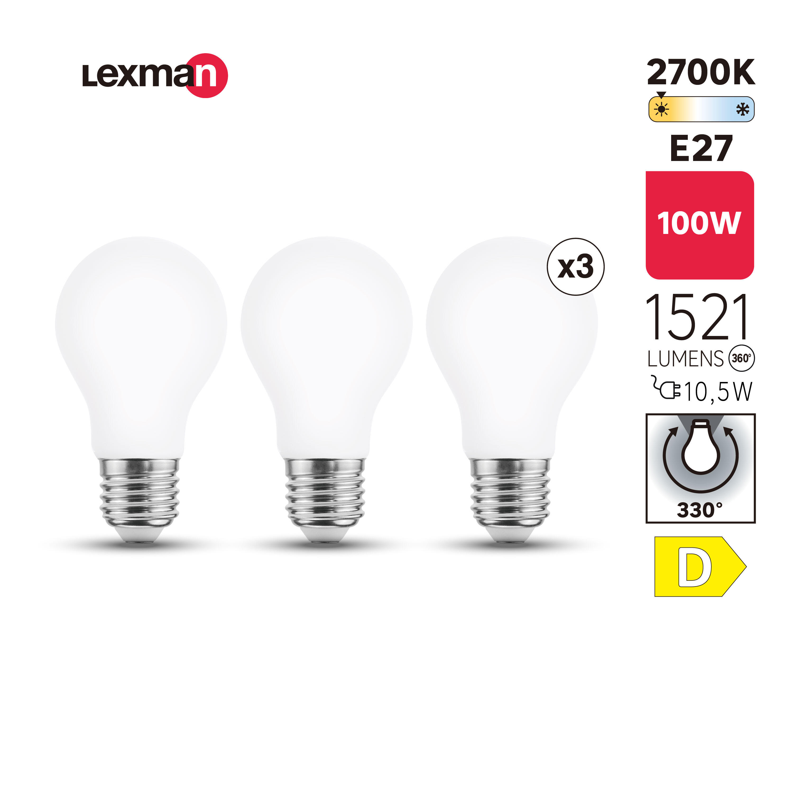 Pack de 3 Lâmpadas LED E27 1521lm cor da luz branco quente 2700K Lexman - 4