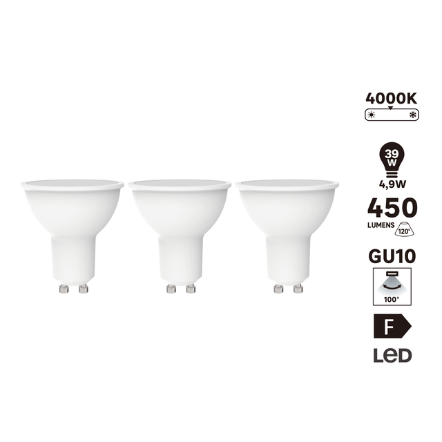 Lot de 3 ampoules led, réflecteur GU10, 450lm = 4,9W, blanc neutre