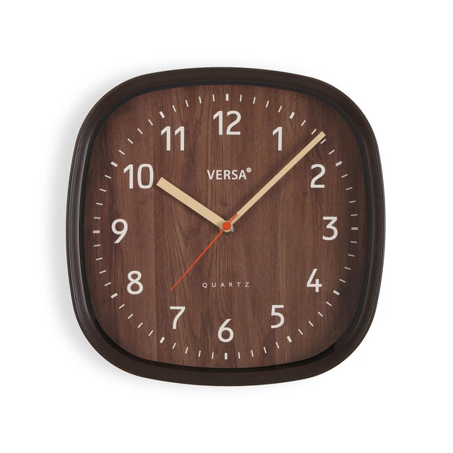 Reloj de pared cuadrado madera y bordes marrón oscuro de 31 cm de diámetro 
