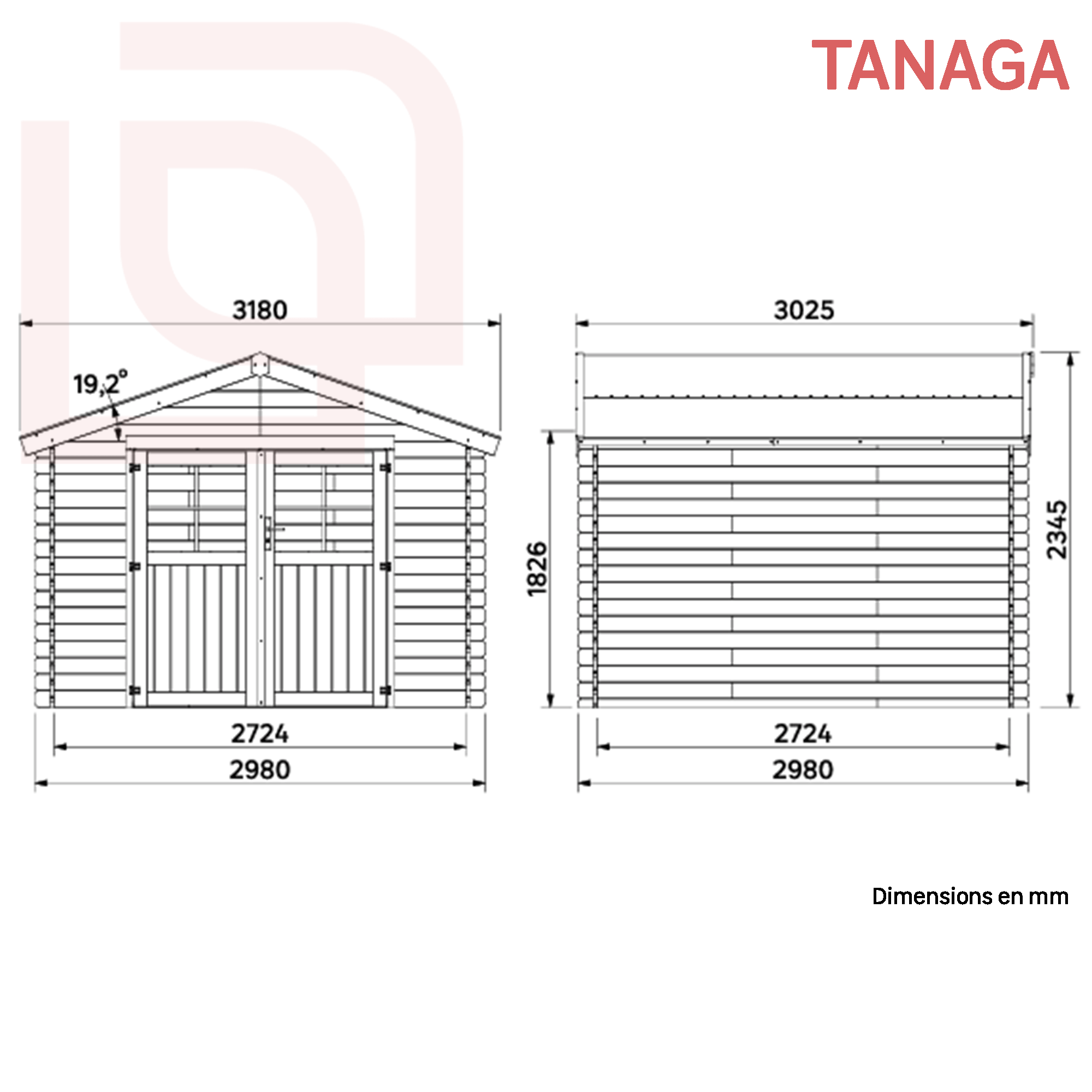 Abri de jardin bois, 9,61 m², Ep. 28 mm, Naterial Tanaga - 4