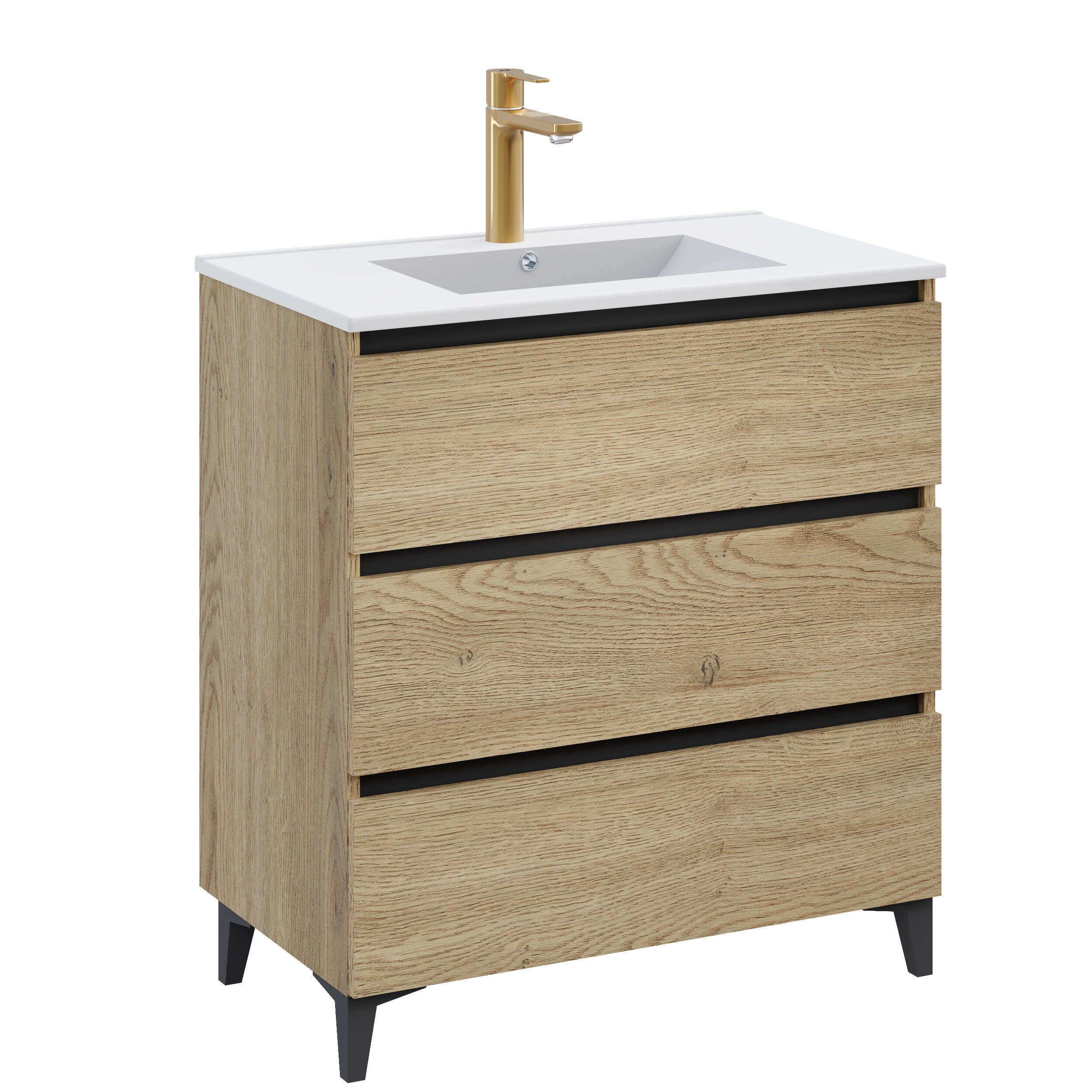 Ensemble meuble salle de bain sur pieds 3 tiroirs aspect chêne 80cm simple vasque blanche - Sydney - 4