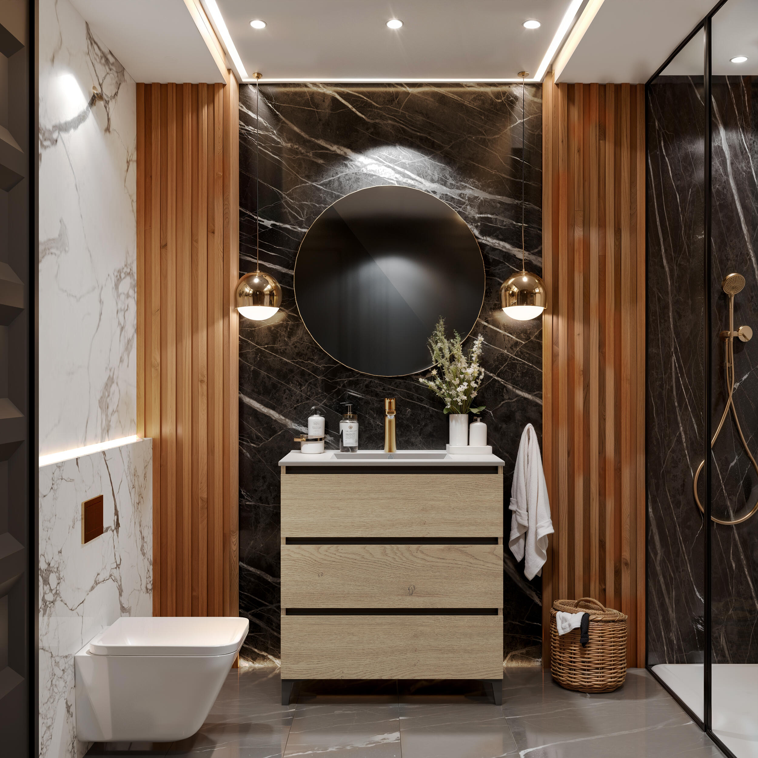 Ensemble meuble salle de bain sur pieds 3 tiroirs aspect chêne 80cm simple vasque blanche - Sydney - 3
