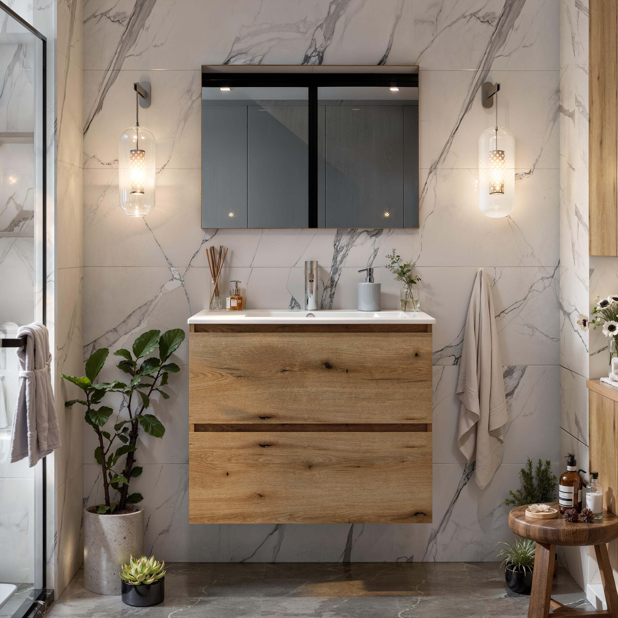 Ensemble meuble de salle de bains suspendu 2 tiroirs aspect chêne 80 cm simple vasque blanche miroir Chicago - 3