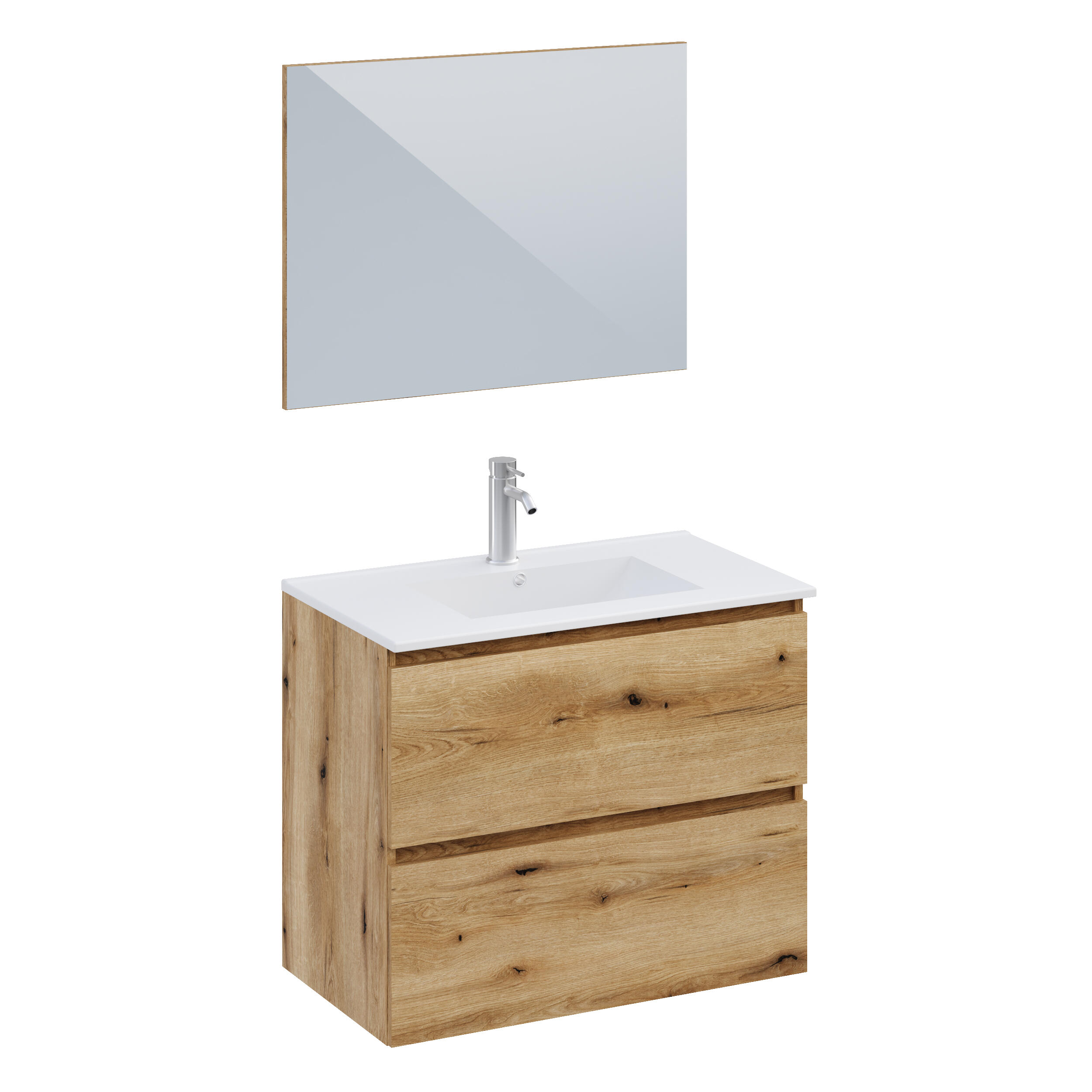 Ensemble meuble de salle de bains suspendu 2 tiroirs aspect chêne 80 cm simple vasque blanche miroir Chicago - 4