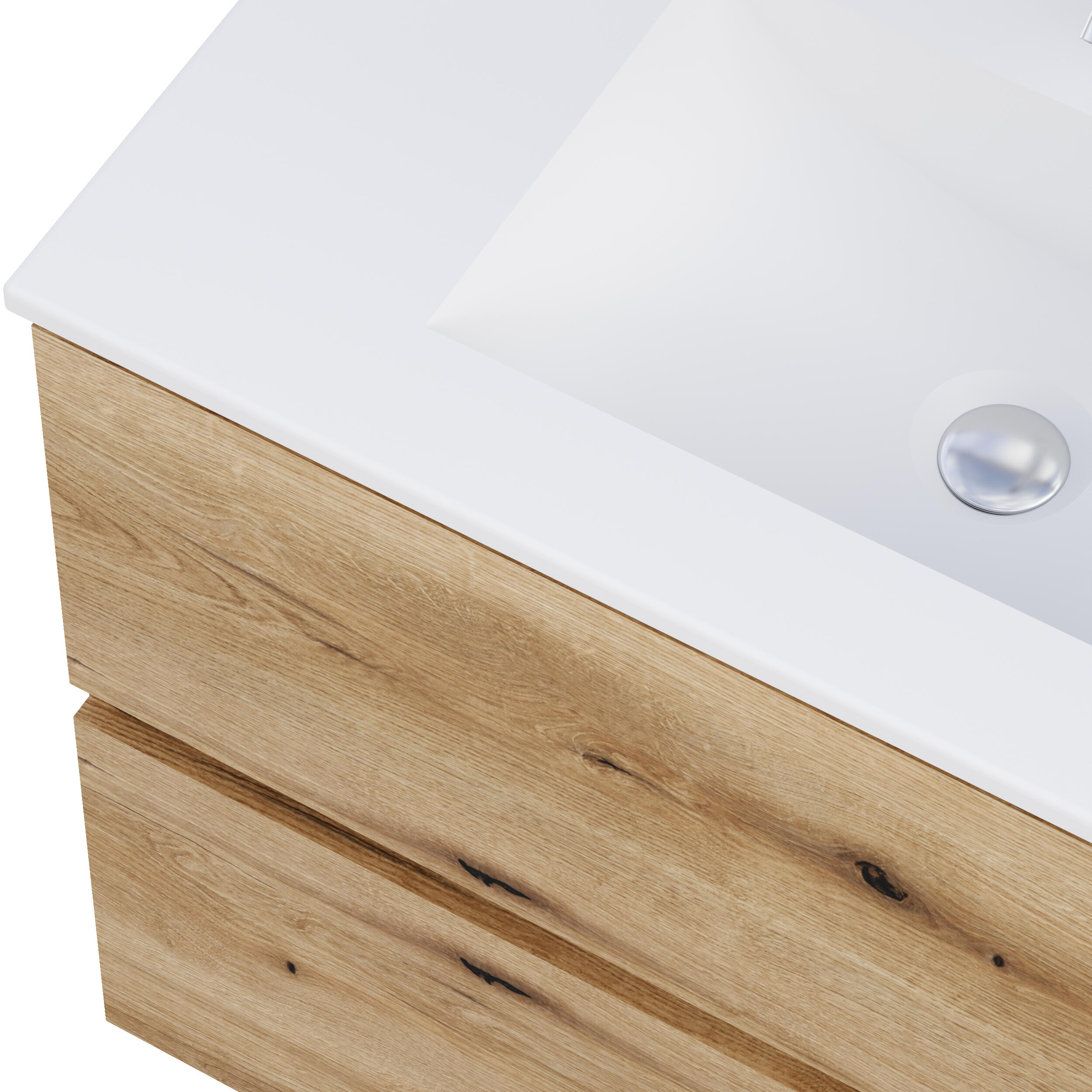 Ensemble meuble de salle de bains suspendu 2 tiroirs aspect chêne 80 cm simple vasque blanche miroir Chicago - 2