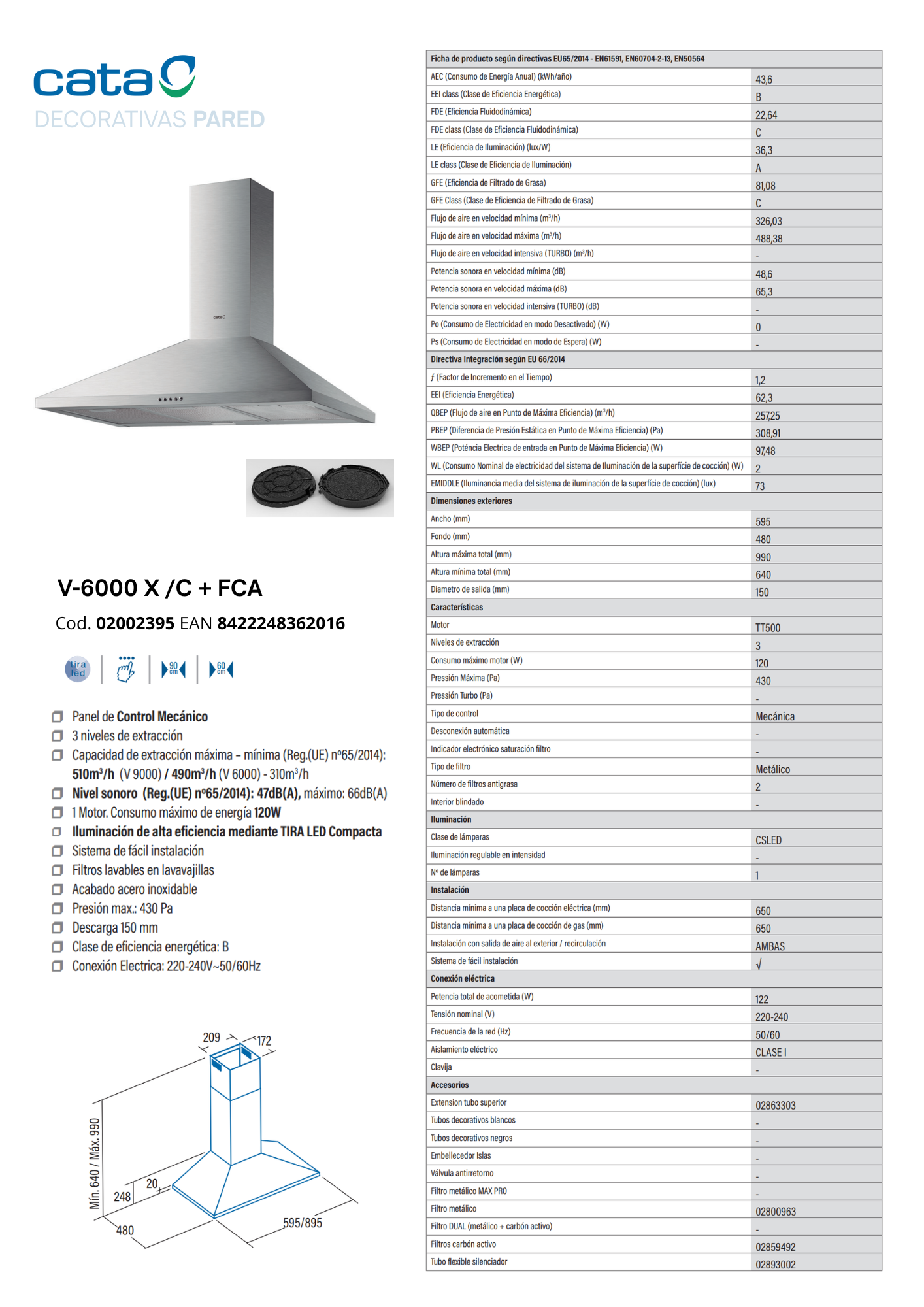CAMPANA COCINA DECORATIVA PIRAMIDAL 60 CM ACABADO INOX CATA V-6000 XFCA  - 3
