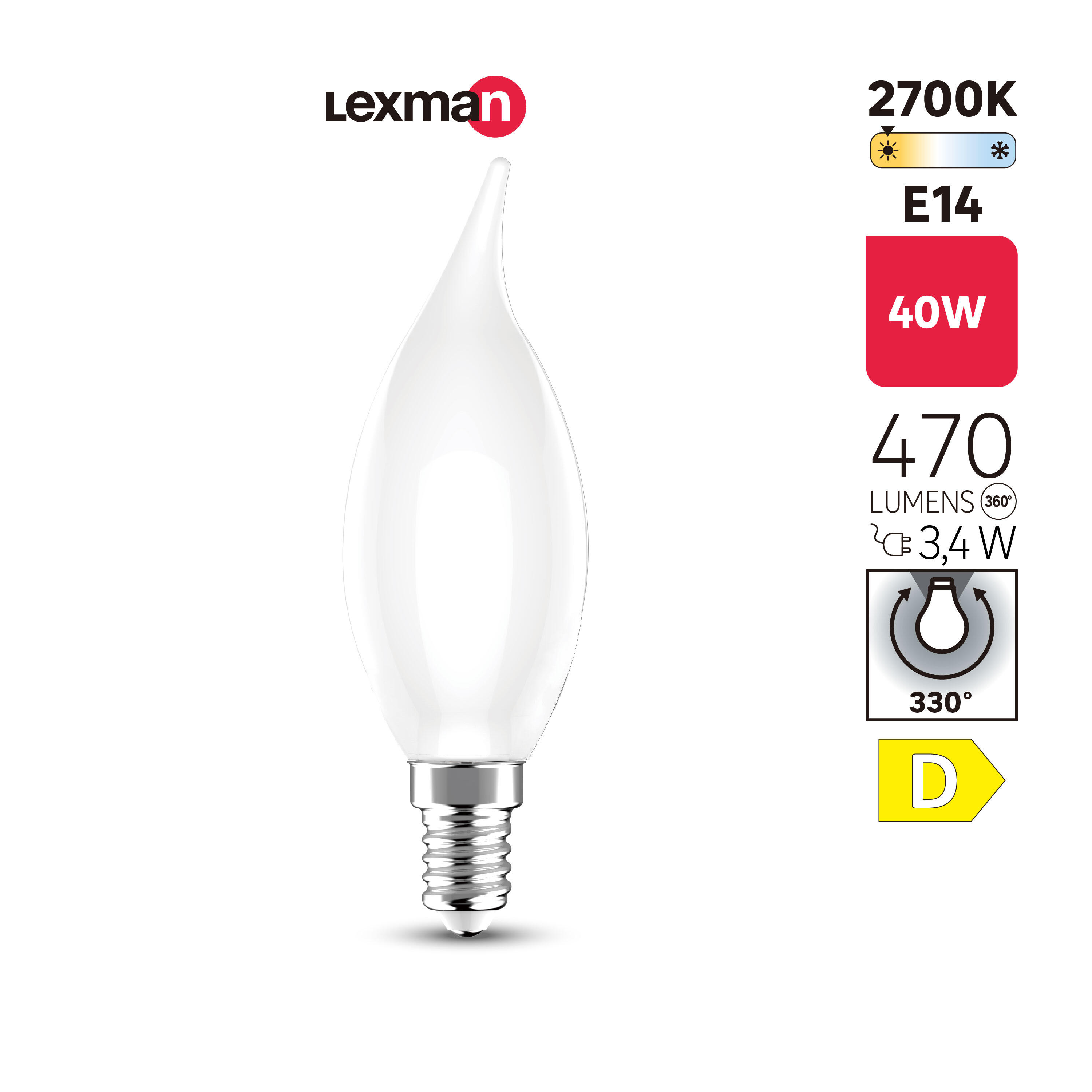 Ampoule led à filament, flamme E14, 470lm = 40W, blanc chaud, LEXMAN - 3