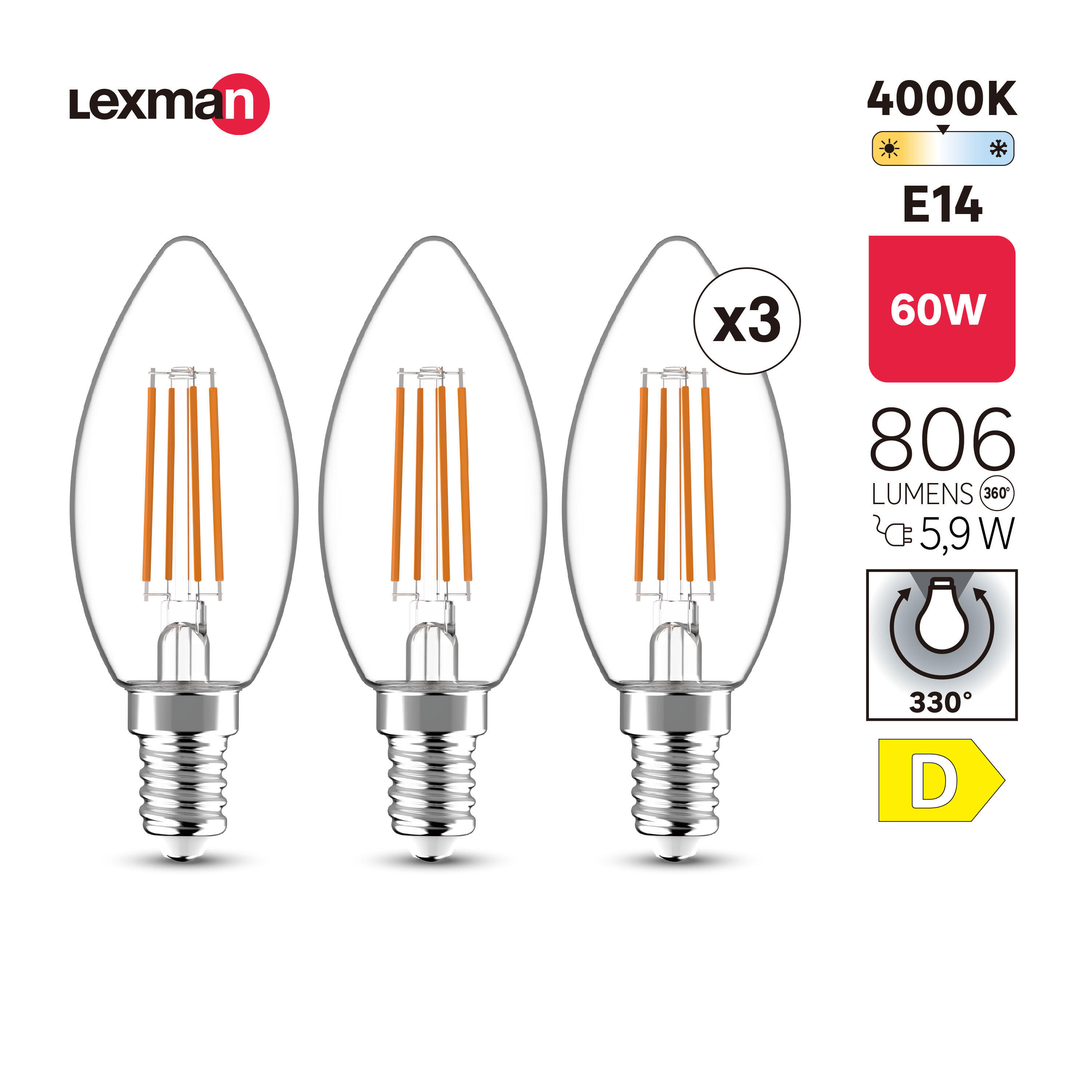 Pack de 3 lâmpadas E14 vela clear 806lm 4000k - 4