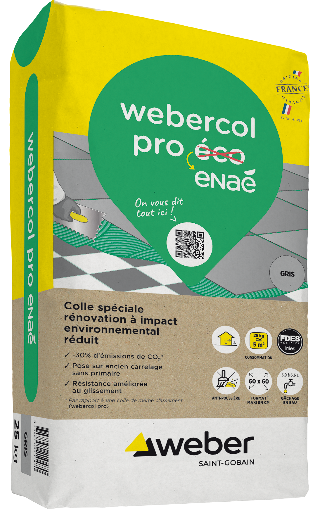 Colle carrelage en poudre gris C2E pour sol intérieur & extérieur et mur intérieur 25 kg - Webercol pro eco WEBER - 2