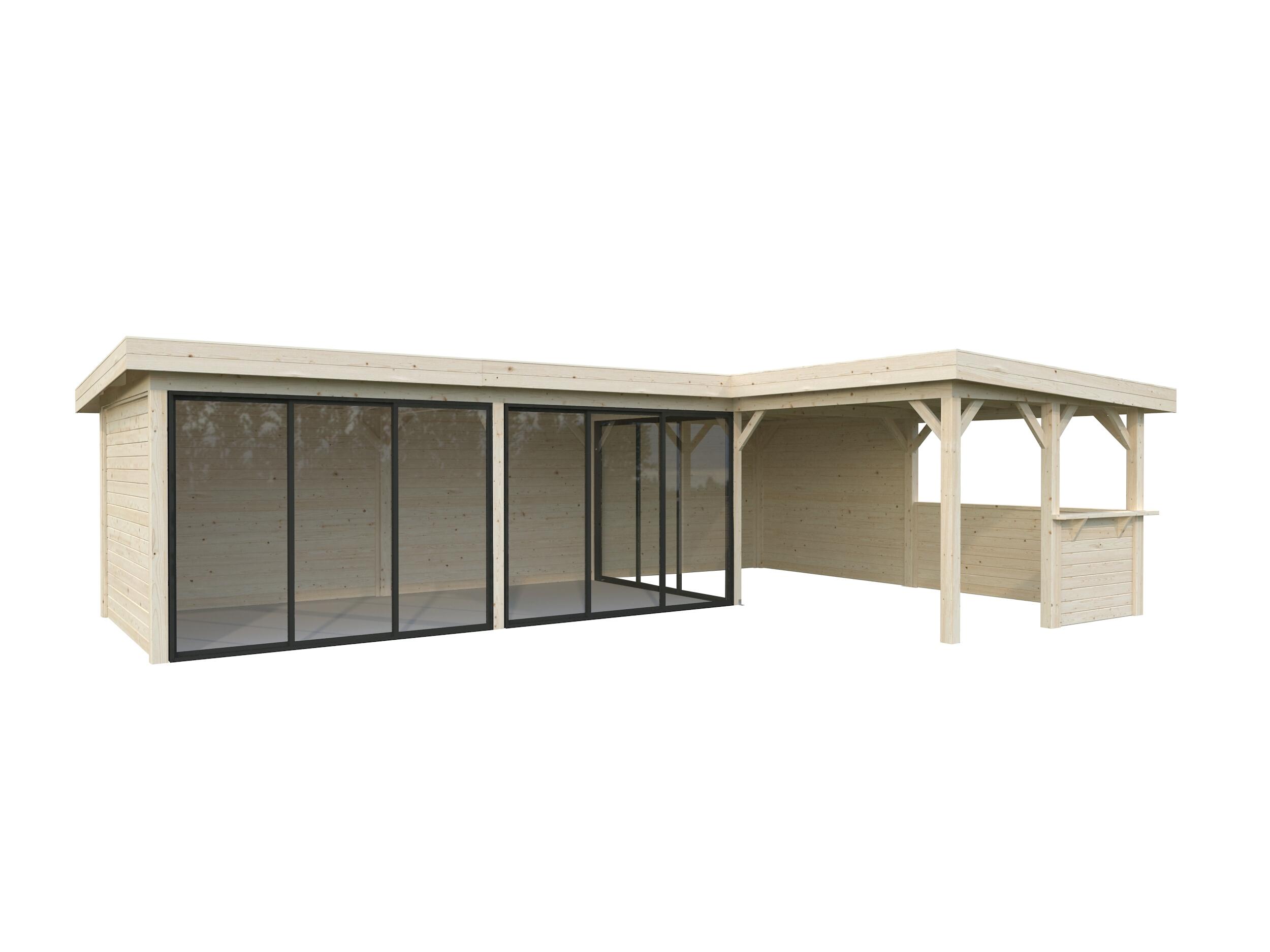 caseta de madera pabellon lenna 332 m2 set 420 slide de 628x245x916 cm y 57 m2 con 28 mm espesor y doble puerta palmako