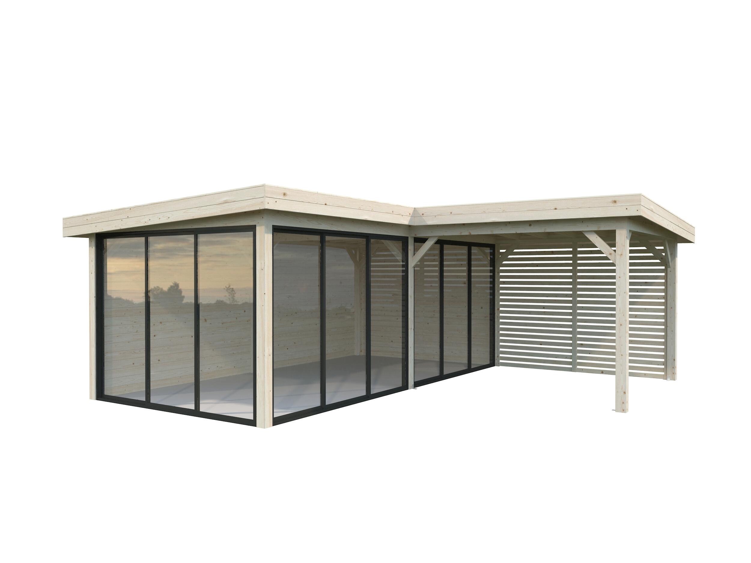 Caseta de madera pabellón lenna 24,9 m2 set 414 slide de 628x245x628 cm y 39.44 m2 con 28 mm espesor y doble puerta corredera palmako