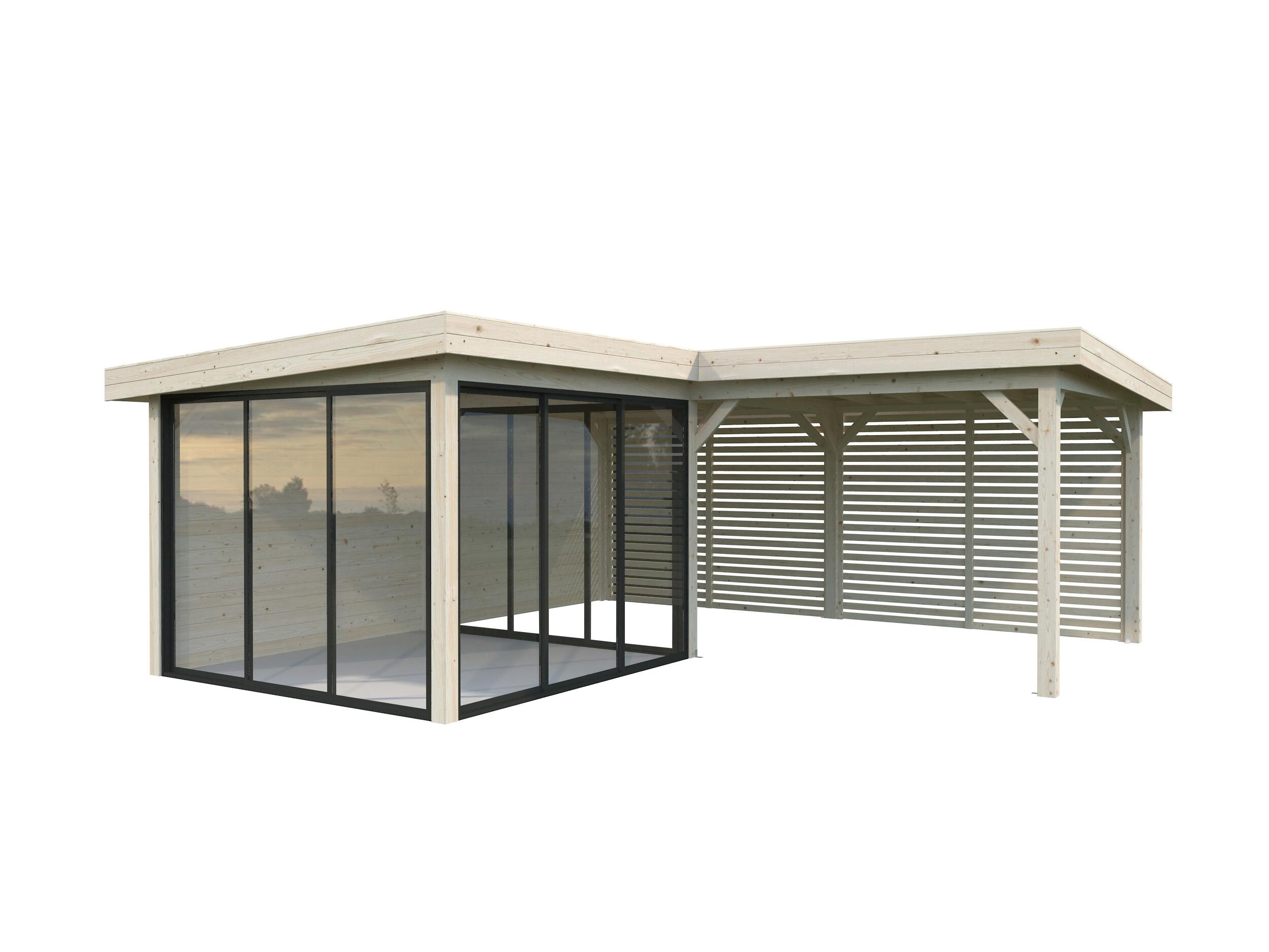 caseta de madera pabellon lenna 249 m2 set 411 slide de 628x245x628 cm y 3944 m2 con 28 mm espesor y doble puerta corredera palmako