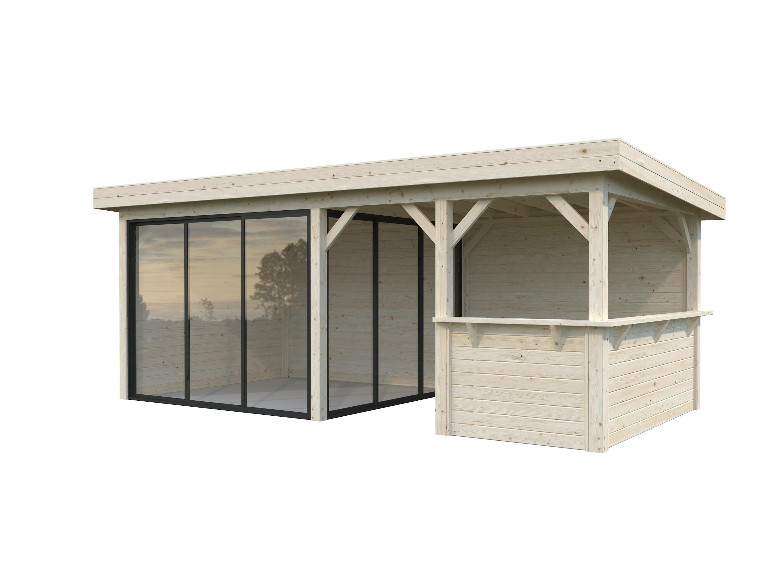 caseta de madera pabellon lenna 166 m2 set 407 slide de 340x245x628 cm y 2135 m2 con 28 mm espesor y doble puerta palmako