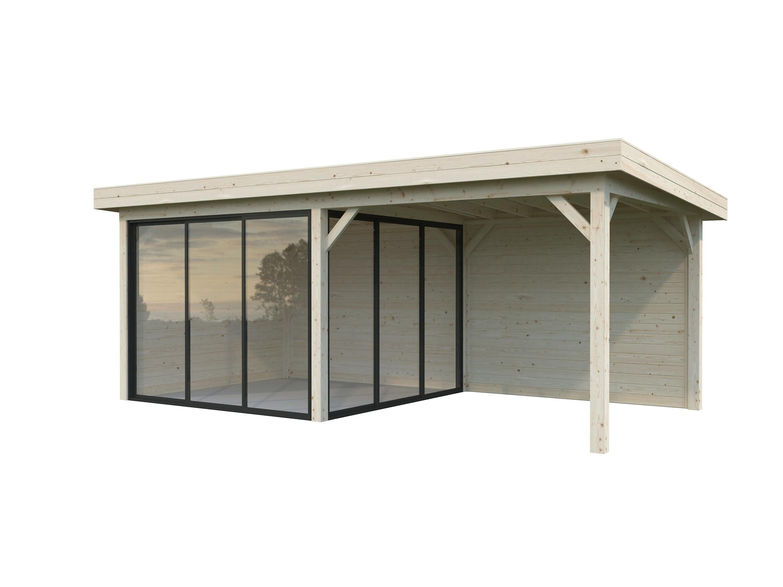 caseta de madera pabellon lenna 166 m2 set 405 slide de 340x245x628 cm y 2135 m2 con 28 mm espesor doble puerta corredera palmako