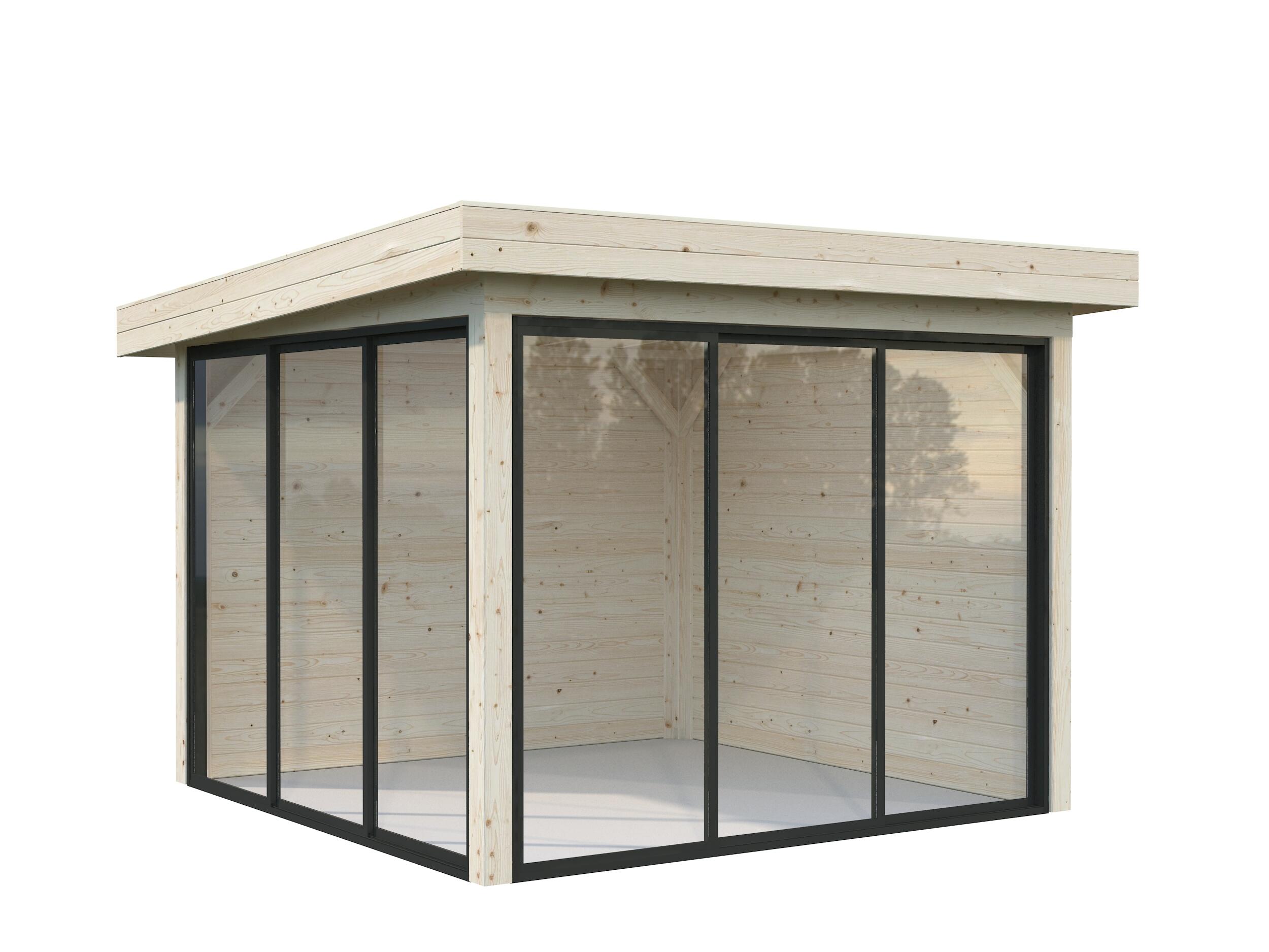 caseta de madera pabellon lenna 83 m2 set 401 slide de 340x245x340 cm y 1156 m2 con 28 mm espesor y doble puerta palmako