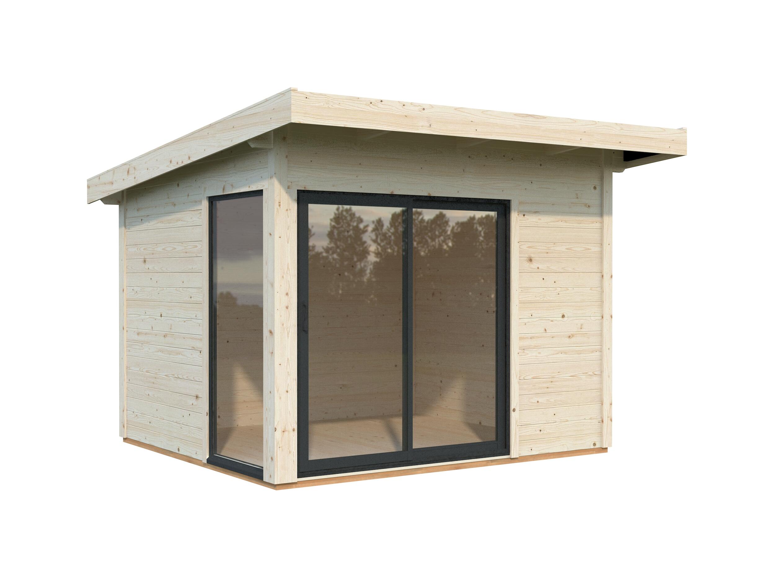 caseta de madera andrea 75 m2 slide plus de 352x249x340 cm y 1197 m2 con 44 mm espesor y doble puerta palmako