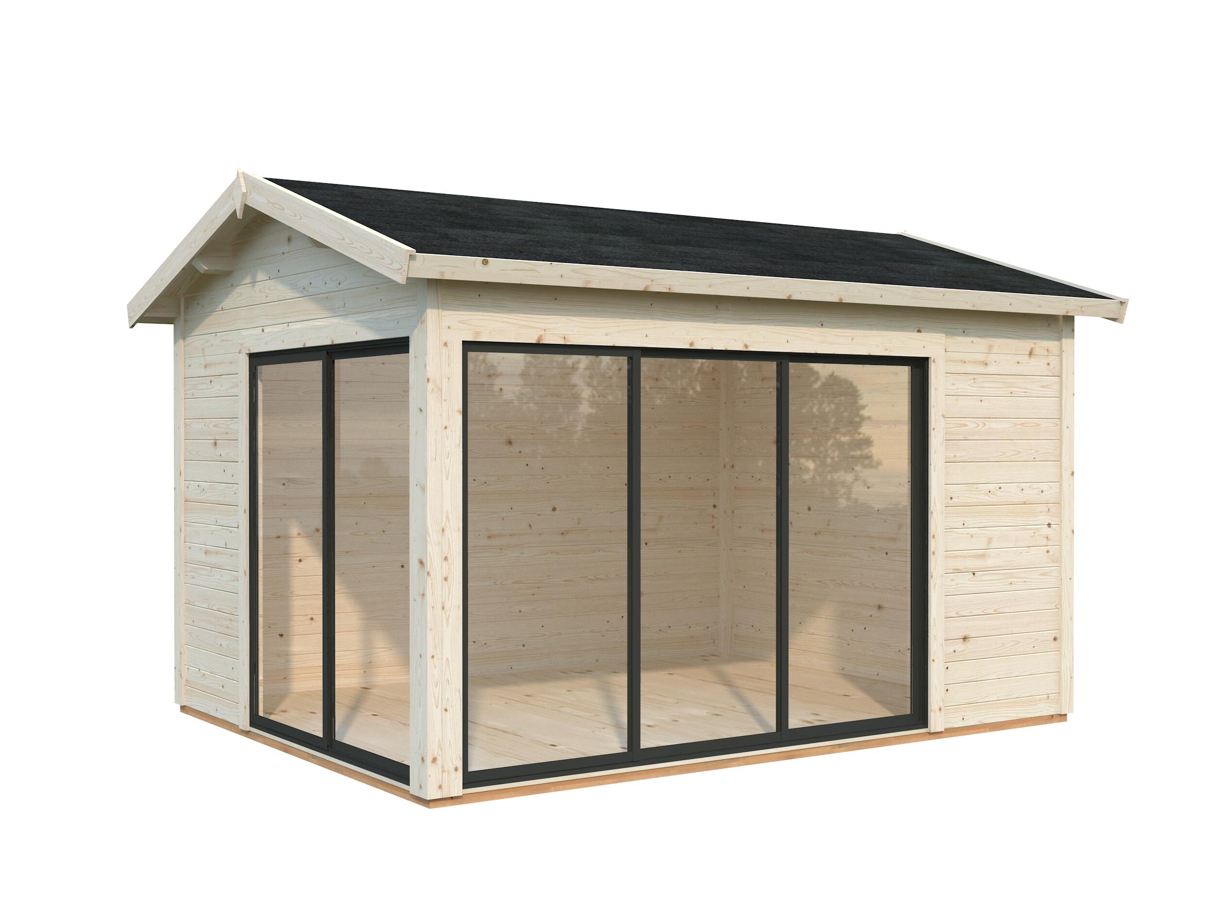 caseta de madera amanda 112 m2 slide plus de 340x280x434 cm y 1476 m2 con 44 mm espesor doble puerta corredera palmako
