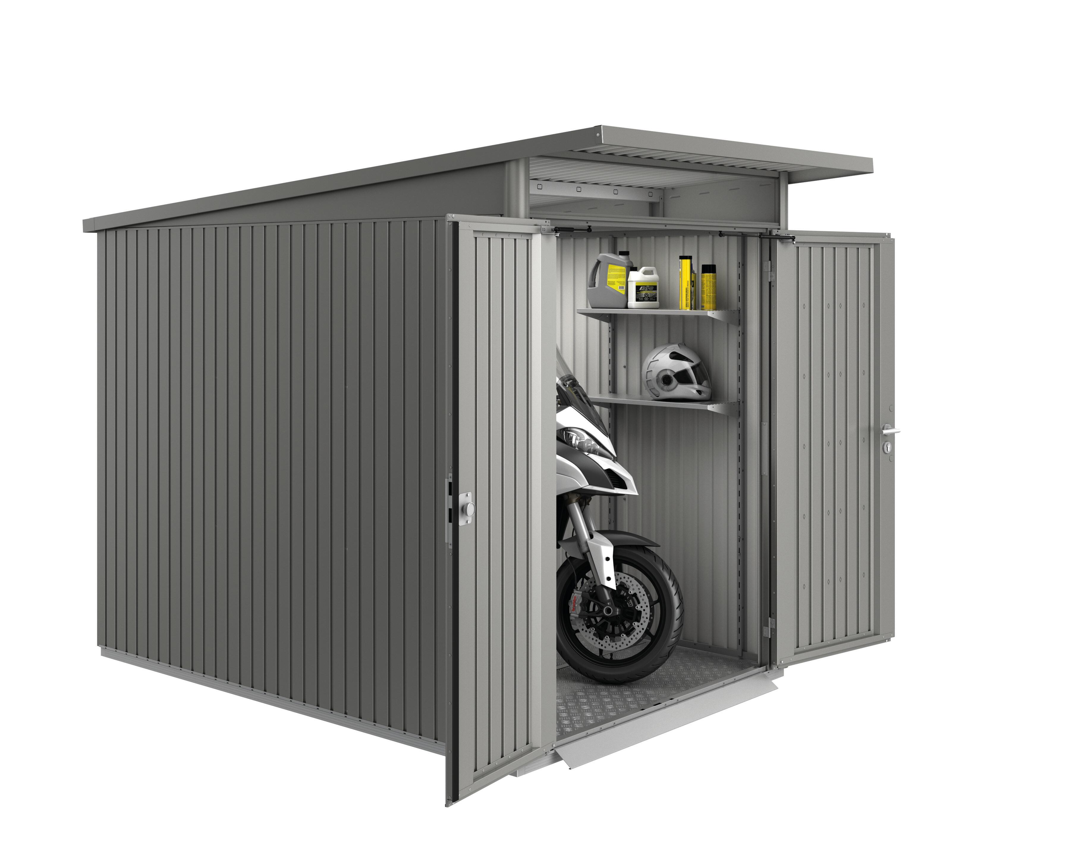 caseta de metal avantgarde a3 de 180x218x300 cm y 54 m2 con 05 mm espesor y doble puerta abatible biohort