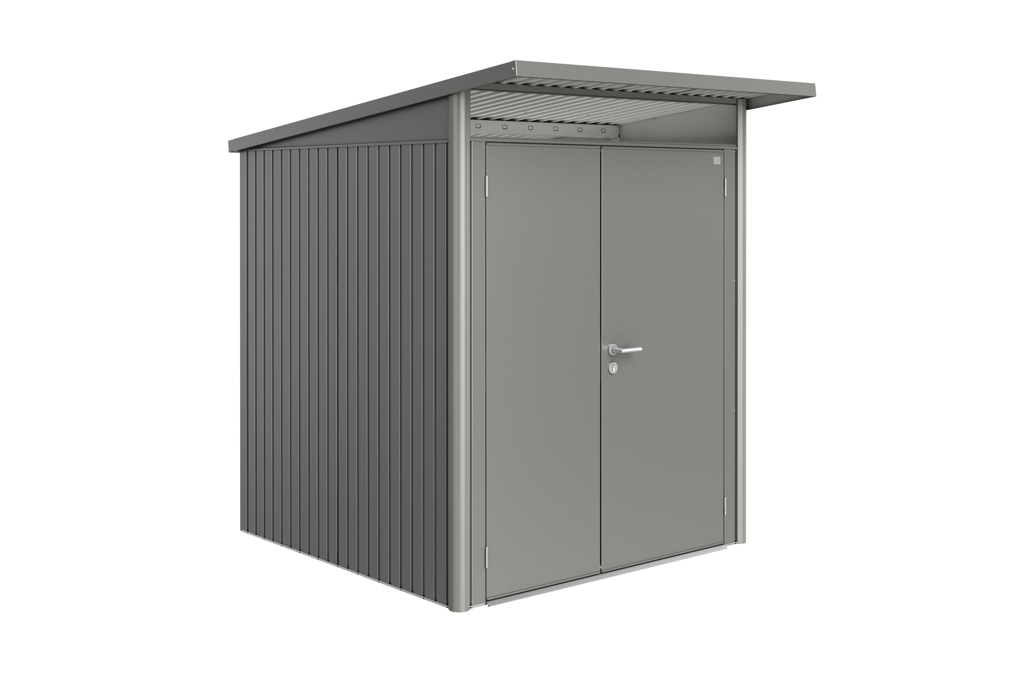 Caseta de metal avantgarde a1 de 180x218x220 cm y 3.96 m2 con 0.5 mm espesor y doble puerta abatible biohort