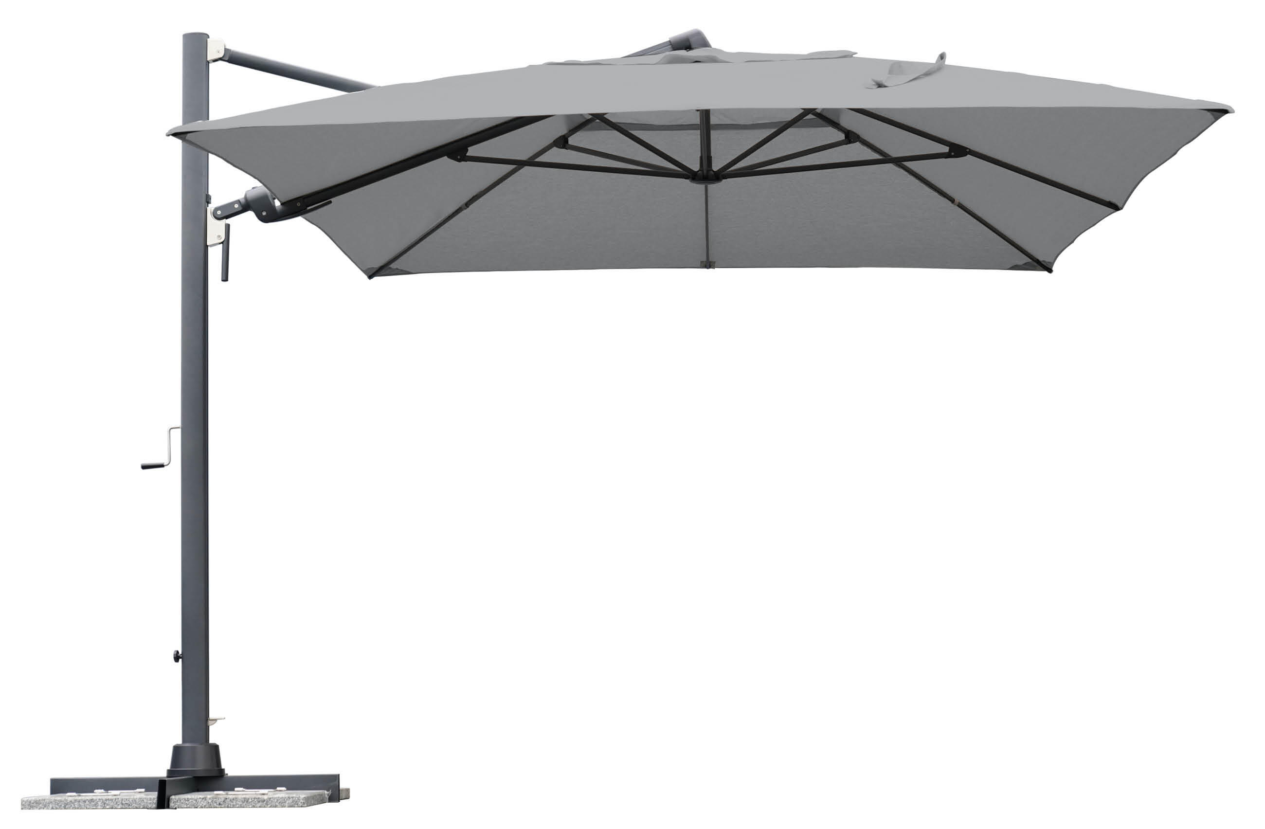 Parasol excéntrico de aluminio/acero naterial sombra blanco 392x400 cm + 4 pies de parasol gomo cuadrado de cemento de 26 kg