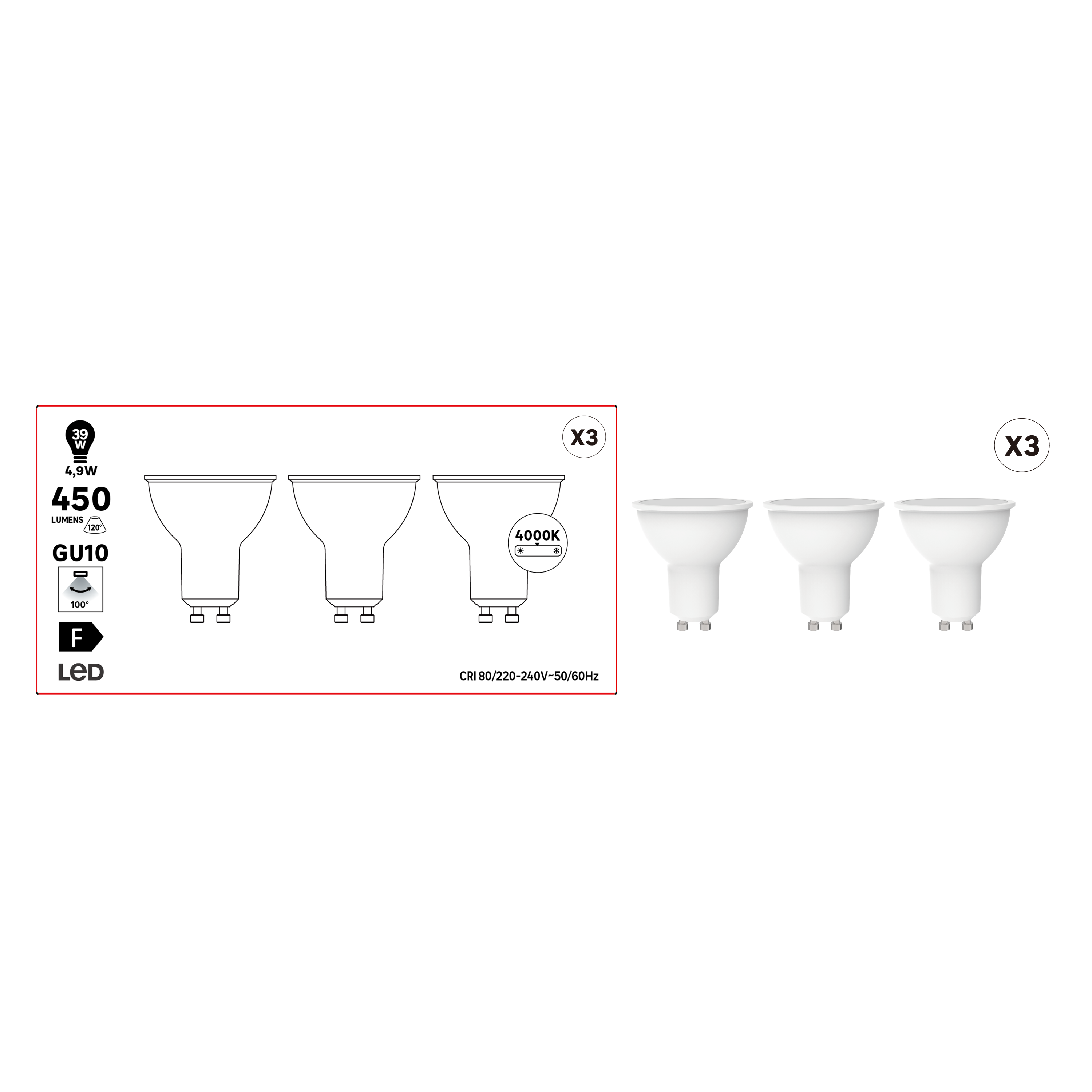 Lot de 3 ampoules led, réflecteur GU10, 450lm = 4,9W, blanc neutre - 4