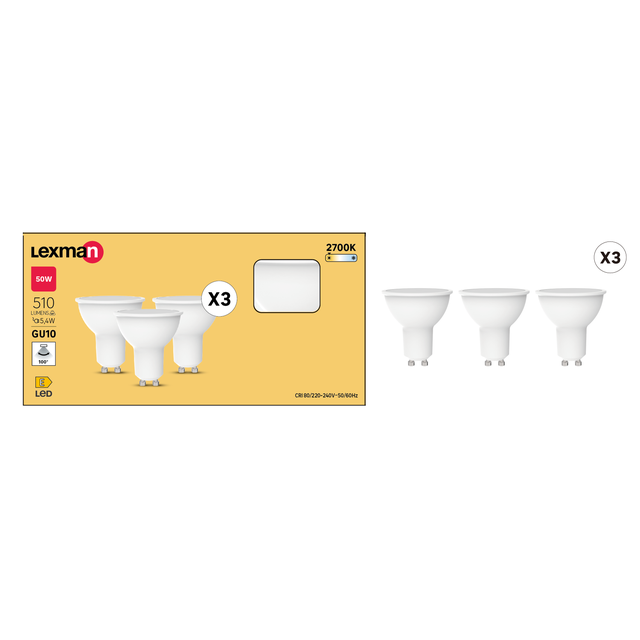 Żarówka LED GU10 3 szt. 5,4 W 510 lm Ciepła biel Lexman