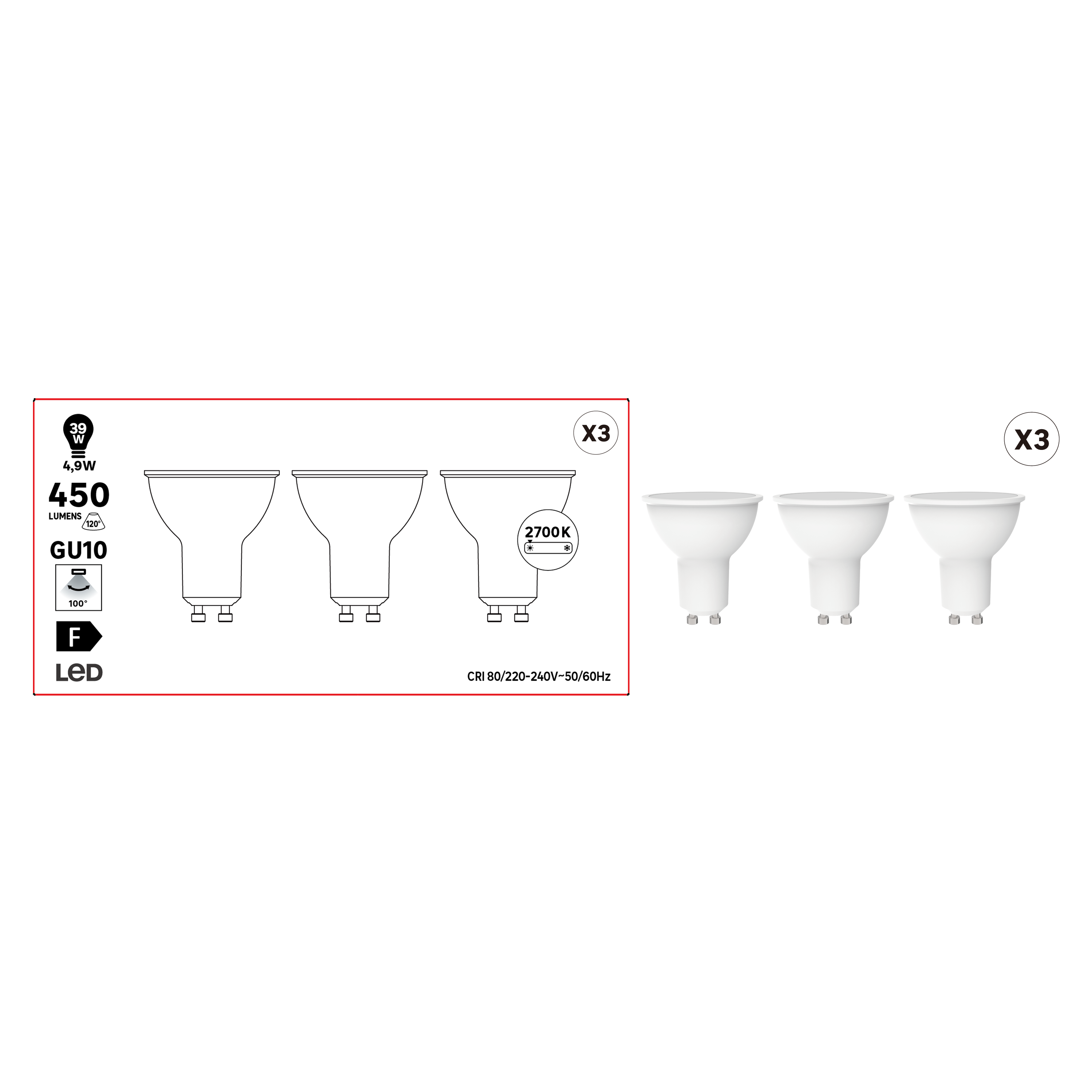 Żarówka LED 3 szt. GU10 5 W 450 lm Ciepła biel