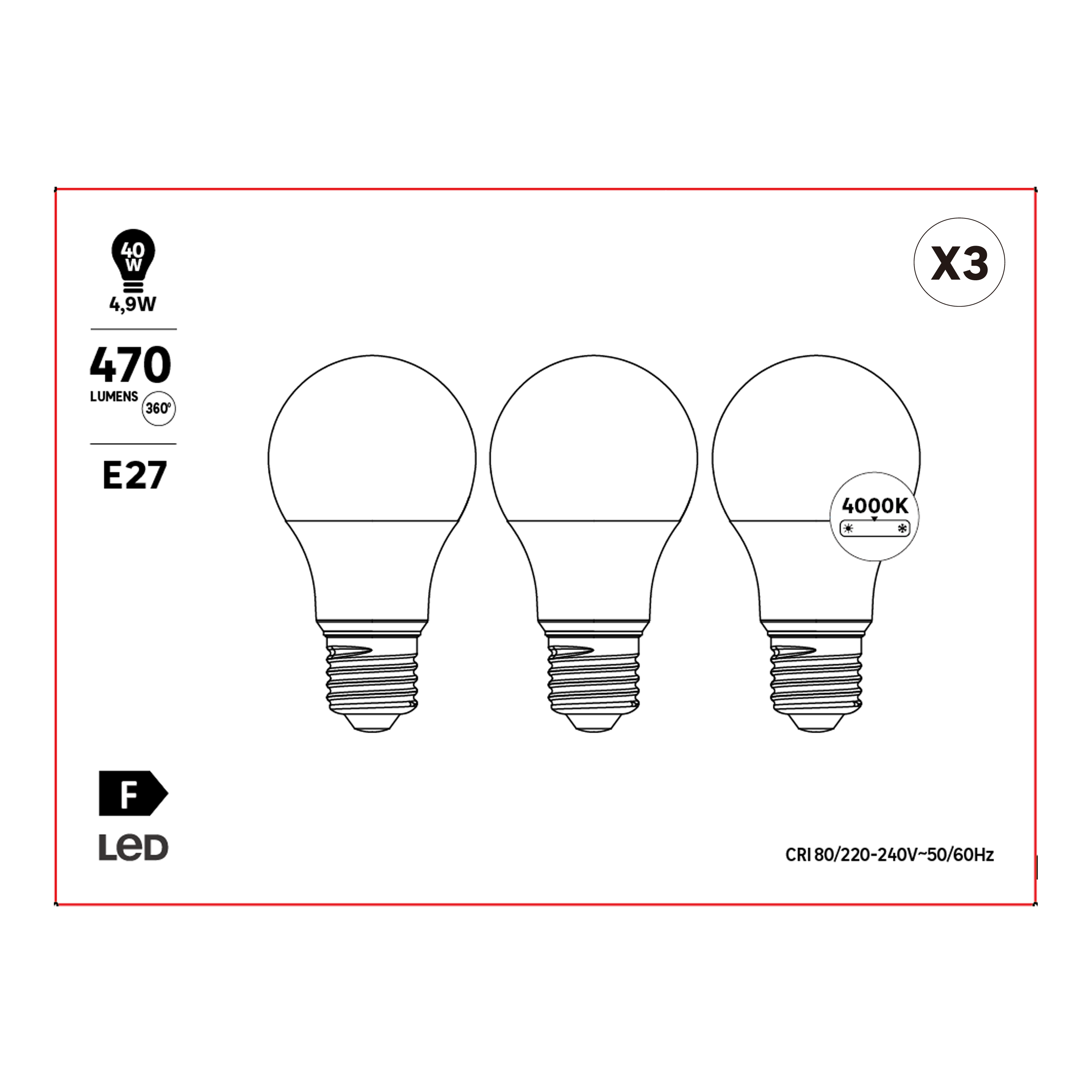 Lot de 3 ampoules led, E27, 470lm = 4,9W, blanc neutre - 2