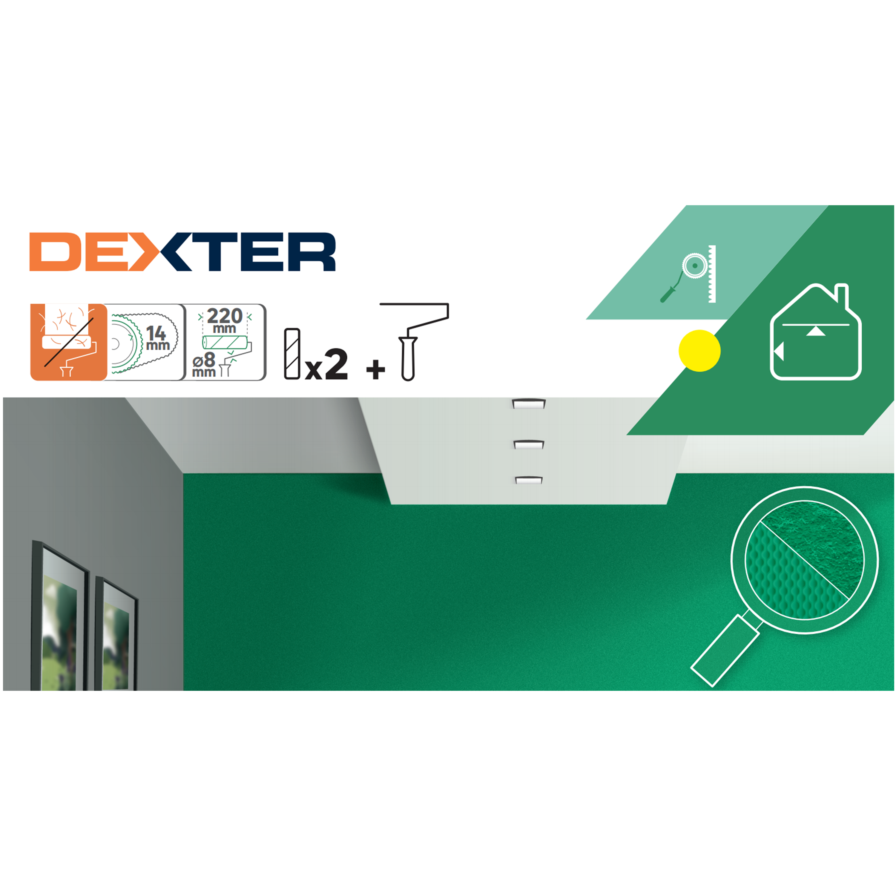 Kit para pintar superficies rugosas compuesto de 2 recambios de rodillo de 220 mm (poliamida, blanca con raya verde, peso 1200 g, altura del pelo: 14 mm) + mango de rodillo suave al tacto DEXTER - 2